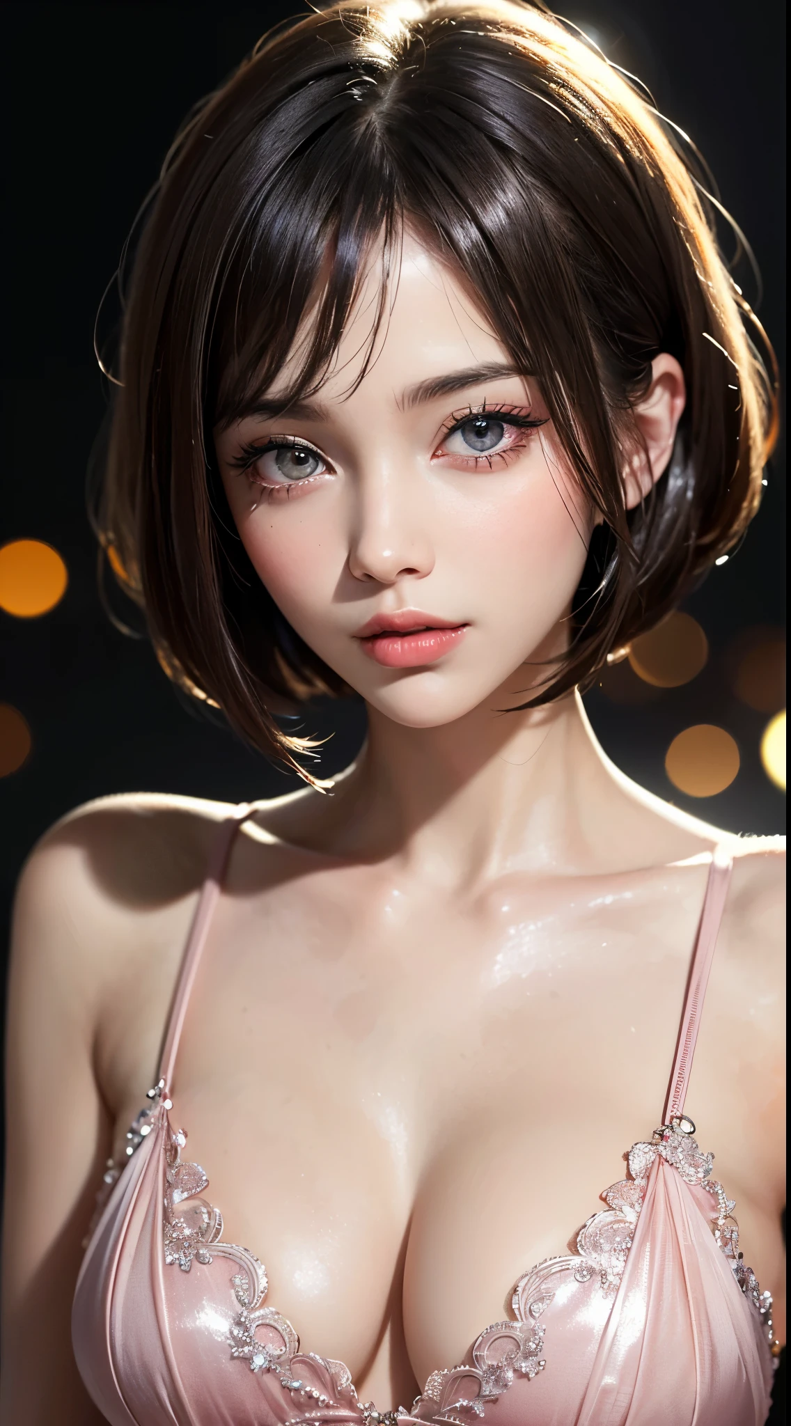 (UHD, retina, masterpiece, accurate, anatomically_correct, textured_skin, super_detail, high_details, high_quality, best_quality, high_res, 1080P, HD, 4K, 8k, 16k), (beautiful_detailed_eyes, beautiful_detailed_lips, extremely_detailed_eyes_and_face), (soft_lighting:1.5), physically-based_rendering, vivid_colors, (large_breasts:1.5), (shiny_hair, shiny_skin, tanned_skin, blush), (bangs:1.5), eye_reflection, (bokeh), (sigh, bob_cut, hairband, blouse:1.5),