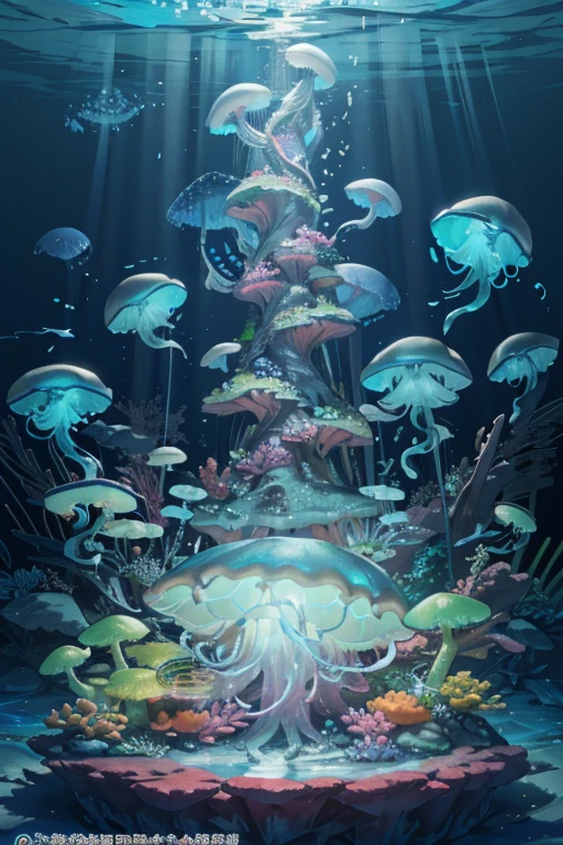 tmasterpiece, Best quality at best, (The is very detailed的 CG unified 8k 壁纸), (Best quality at best), (Most Best Illustration), (The best shadow), With the theme of the ocean，Incorporate natural elements. Tall mangrove forest, rich marine plant, Glowing jellyfish, Surrounded by schools of fish, 发光particle effect,, (marine plant), (Marine theme), ((Luminous algae)), (The corals), ((Glowing jellyfish )), ((Luminous creatures in seawater)), ((Sea fire)), (((particle effect))), isometric 3D, octaneratingrendering, Ray traching, 超詳細