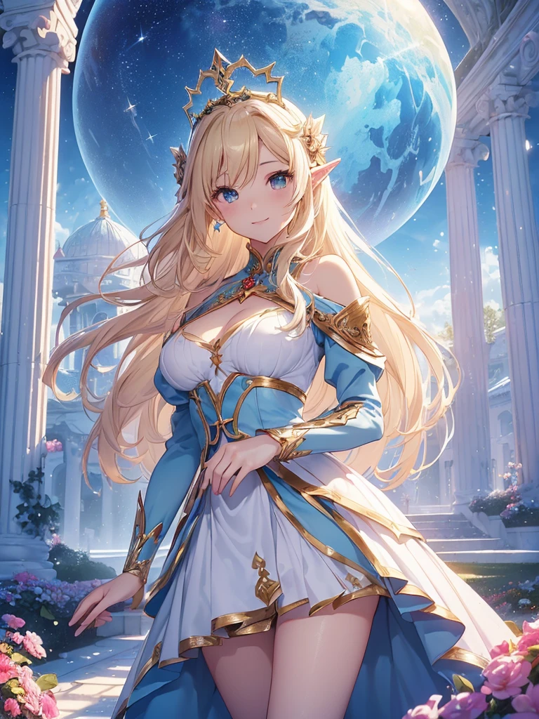 top-quality、Top image quality、masterpiece、Super beautiful elf beauty((24 year old、Santa Costumes、Santa Hat、Best Bust、big bast、Bust 90,beautiful blue long ironed hair、a blond、globe、A Sexy、A slender、a closeup、Esbian、beautiful tiara、hiquality、Beautiful Art、Background with((starrysky)))masutepiece、visualart、depth of fields、low angle of morning sky、、Elven ears、、light magic、Space Knight、harp melody🎵、Happy smile、Gentle light、、Beautiful legs that are gentle on the skin、、、Number of fingers to achieve precise finger movements、ticker beautiful decoration、elegent、Mystical field under the flower garden、Marble pillars, beautiful dressy、Snowy landscape in winter、、巨大なglobe、、Temple of Time、Great watch、hour glass、sundial、NSFW.Sexy,