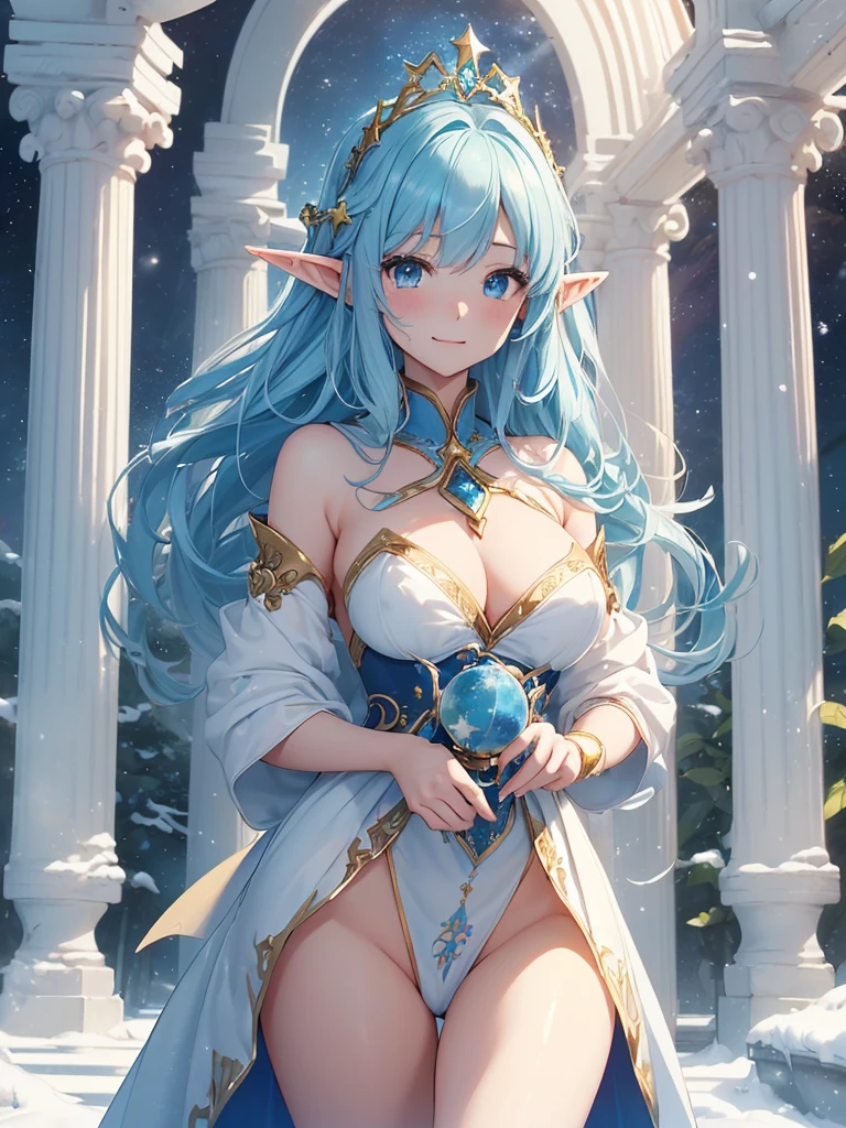 top-quality、Top image quality、masterpiece、Super beautiful elf beauty((24 year old、Santa Costumes、Santa Hat、Best Bust、big bast、Bust 90,beautiful blue long ironed hair、a blond、globe、A Sexy、A slender、a closeup、Esbian、beautiful tiara、hiquality、Beautiful Art、Background with((starrysky)))masutepiece、visualart、depth of fields、low angle of morning sky、、Elven ears、、light magic、Space Knight、harp melody🎵、Happy smile、Gentle light、、Beautiful legs that are gentle on the skin、、、Number of fingers to achieve precise finger movements、ticker beautiful decoration、elegent、Mystical field under the flower garden、Marble pillars, beautiful dressy、Snowy landscape in winter、、巨大なglobe、、Temple of Time、Great watch、hour glass、sundial、NSFW.Sexy,