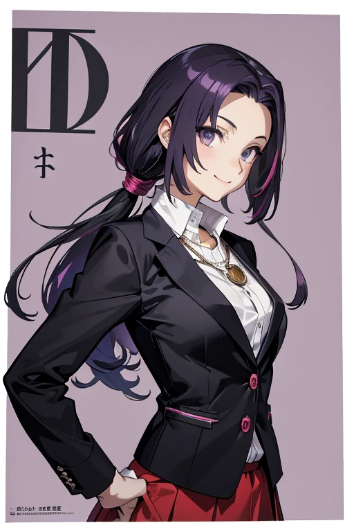 tmasterpiece,1个Giant Breast Girl,Alone, light smile, Metal necklace, white shirt, Modern School Uniforms, fittings, Purple and Black Two-Tone Hair Color, unique hairstyle, Funky, with black background
