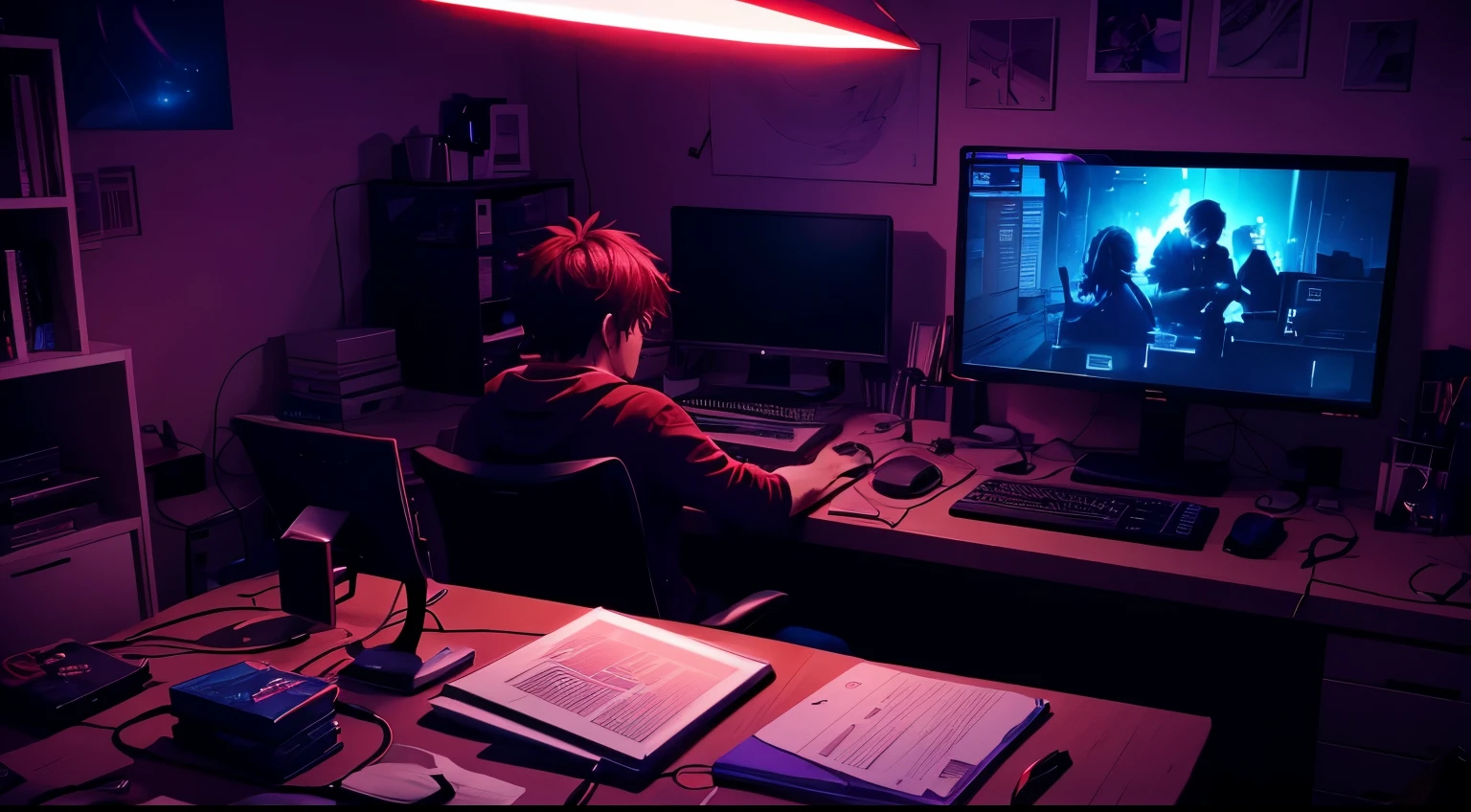 a video editor, insomniac, frustrated, in a messy room , editing videos all day and night, cinematic, over dramatic, lookin , red and blue backlight