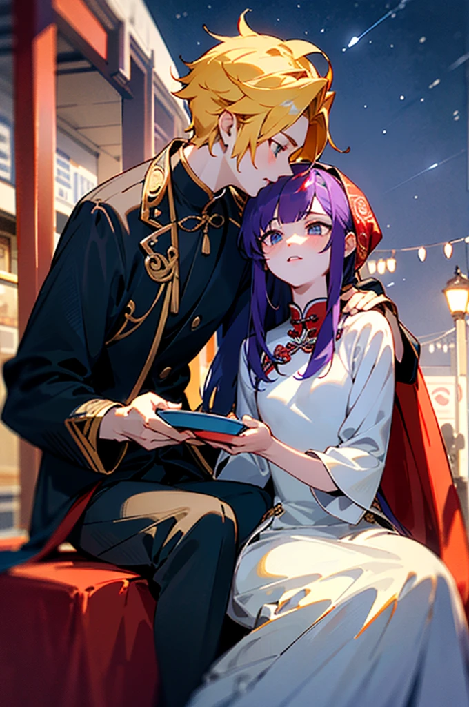 ((Best quality at best)), ((tmasterpiece)), (Detailed pubic hair), It's a perfect face，Festive，2boy，Blue starry sky and bustling streets，On the right is a boy with yellow hair、Shopping in a midi jacket..，The boy with long purple hair on the left is wearing a Chinese red wedding dress、Wearing various accessories and red headscarf、Sitting in an eight-person sedan，