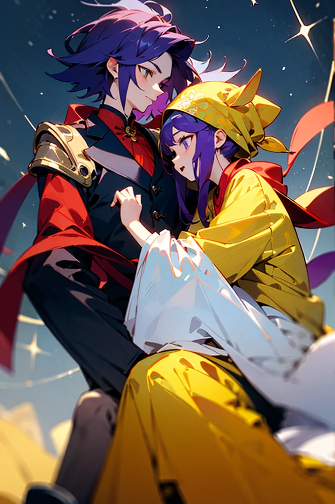 ((Best quality at best)), ((tmasterpiece)), (Detailed pubic hair), It's a perfect face，Festive，2boy，Blue starry sky and bustling streets，On the right is a boy with yellow hair、Shopping in a midi jacket..，The boy with long purple hair on the left is wearing a Chinese red wedding dress、Wearing various accessories and red headscarf、Sitting in an eight-person sedan，