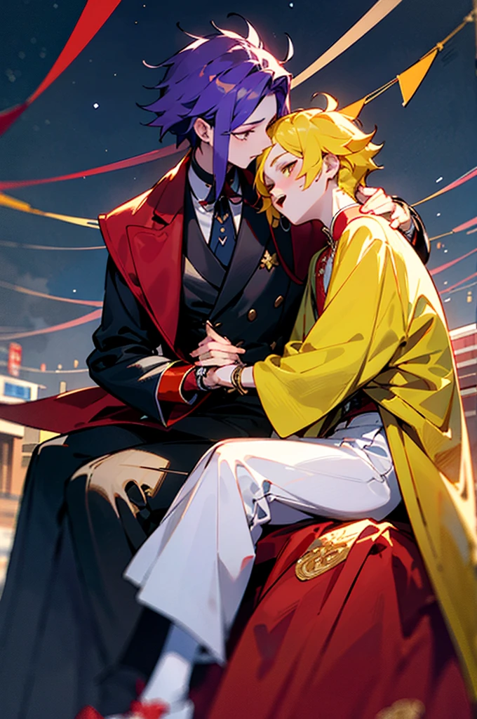 ((Best quality at best)), ((tmasterpiece)), (Detailed pubic hair), It's a perfect face,Festive,2boy,Blue starry sky and bustling streets,On the right is a boy with yellow hair、Shopping in a midi jacket..,The boy with long purple hair on the left is wearing a Chinese red wedding dress、Wearing various accessories and red headscarf、Sitting in an eight-person sedan,
