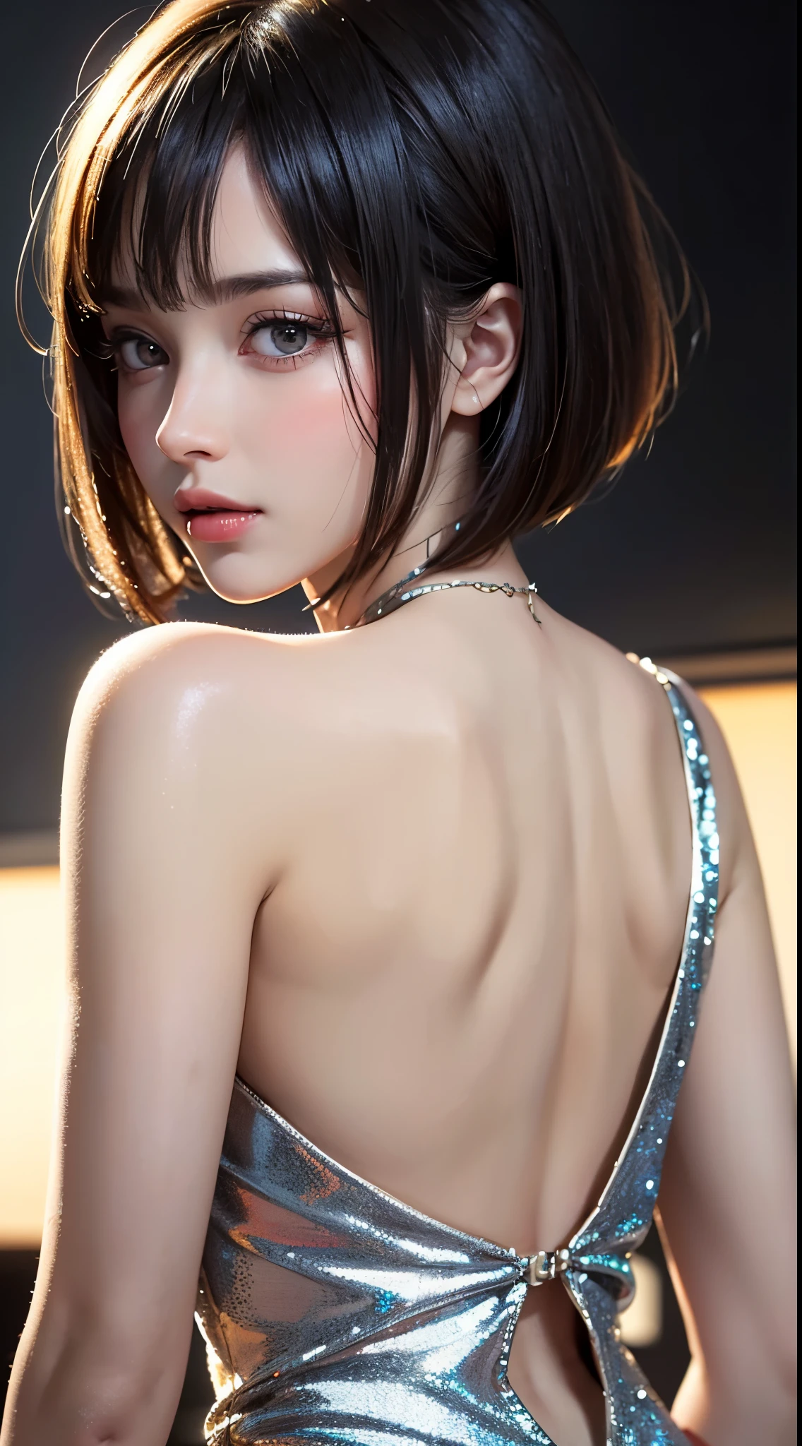 (UHD, retina, masterpiece, accurate, anatomically correct, textured skin, super detail, high details, high quality, best quality, high res, 1080P, HD, 4K, 8k, 16k), (beautiful detailed eyes, beautiful detailed lips, extremely detailed eyes and face), studio lighting, physically-based rendering, vivid colors, (large breasts, waist, thighs, glamorous body), (backless dress, dress with slit), (portrait, bob cut, shiny hair, shiny skin, blush), (bokeh), eye reflection,