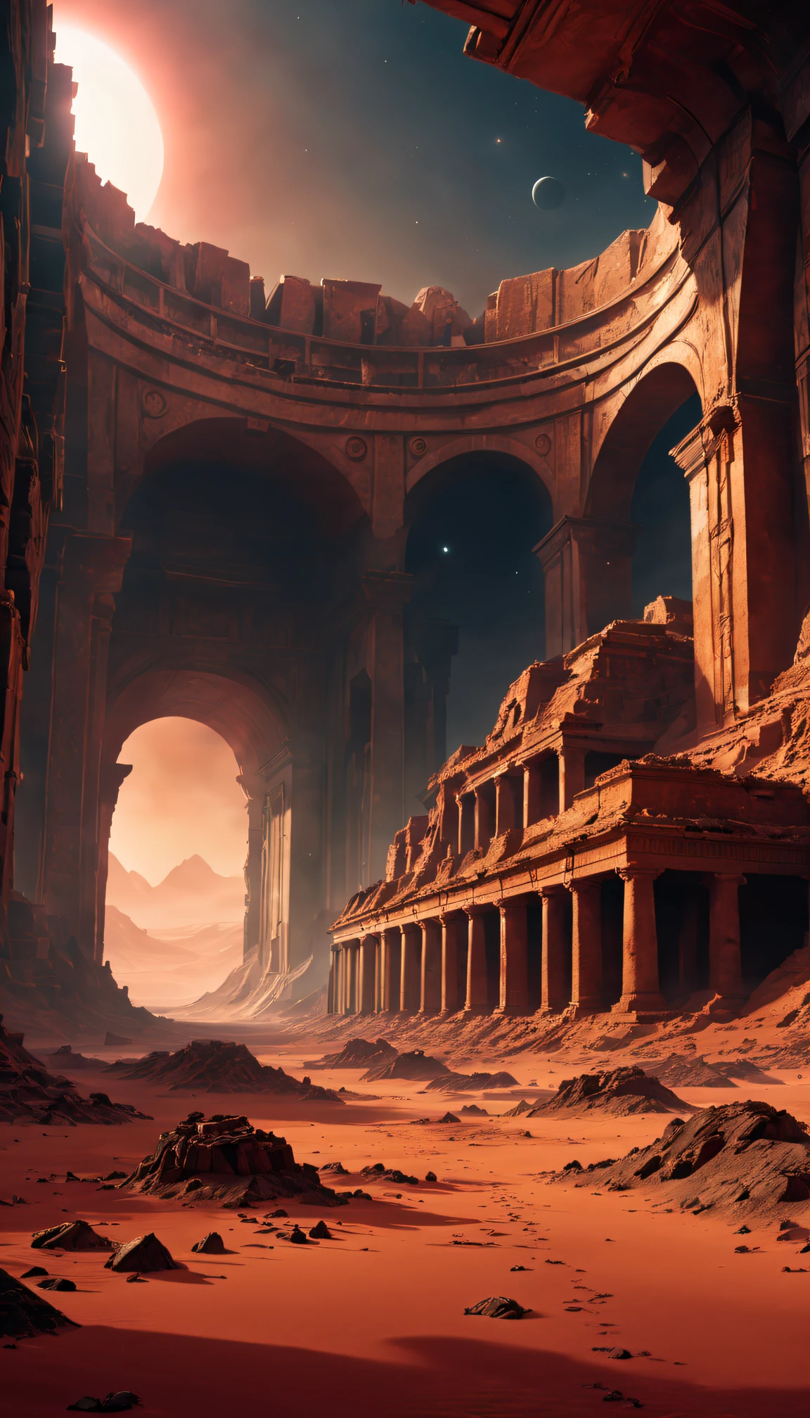 filmposter,(Mysterious ancient ruins) On Mars,(scifi concept art),(Detailed illustrations of the highest quality,4K,A high resolution,tmasterpiece:1.2),Red planet landscape right bright colors:1.1),(Sci-fi lights),(HighDynamicRange),(Crumbling structure),(The environment is desolate),(Infinite horizon),(Alien Artifacts Earth Architecture),(atmosphric perspective),(exploration),(future-tech),(The ruins of advanced civilization),(isolation and abandonment),(Astronaut explorer),(spooky ambiance),(Strange symbols),(Mysterious source of energy),(Unobstructed panoramic views),(dusty red sand),(Surreal atmosphere),(Ancient mysteries),(Distant starry sky),(unforgettably beautiful),(Fantastic imagery),(epic scale),(awe-inspiring),(Scientific discovery)