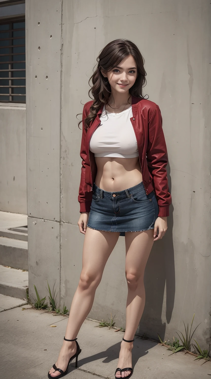 24-year-old Caucasian woman、Hair color is reddish、Hair is wavy、Eye color is blue、Longhaire、A slender、a smile、Beautiful breasts、My abs are cracked、I can see the navel、She is wearing a T-shirt that shows her underboob、I'm wearing a miniskirt、Wearing a jacket、I'm wearing pin heels、Standing against an old concrete wall、a smile