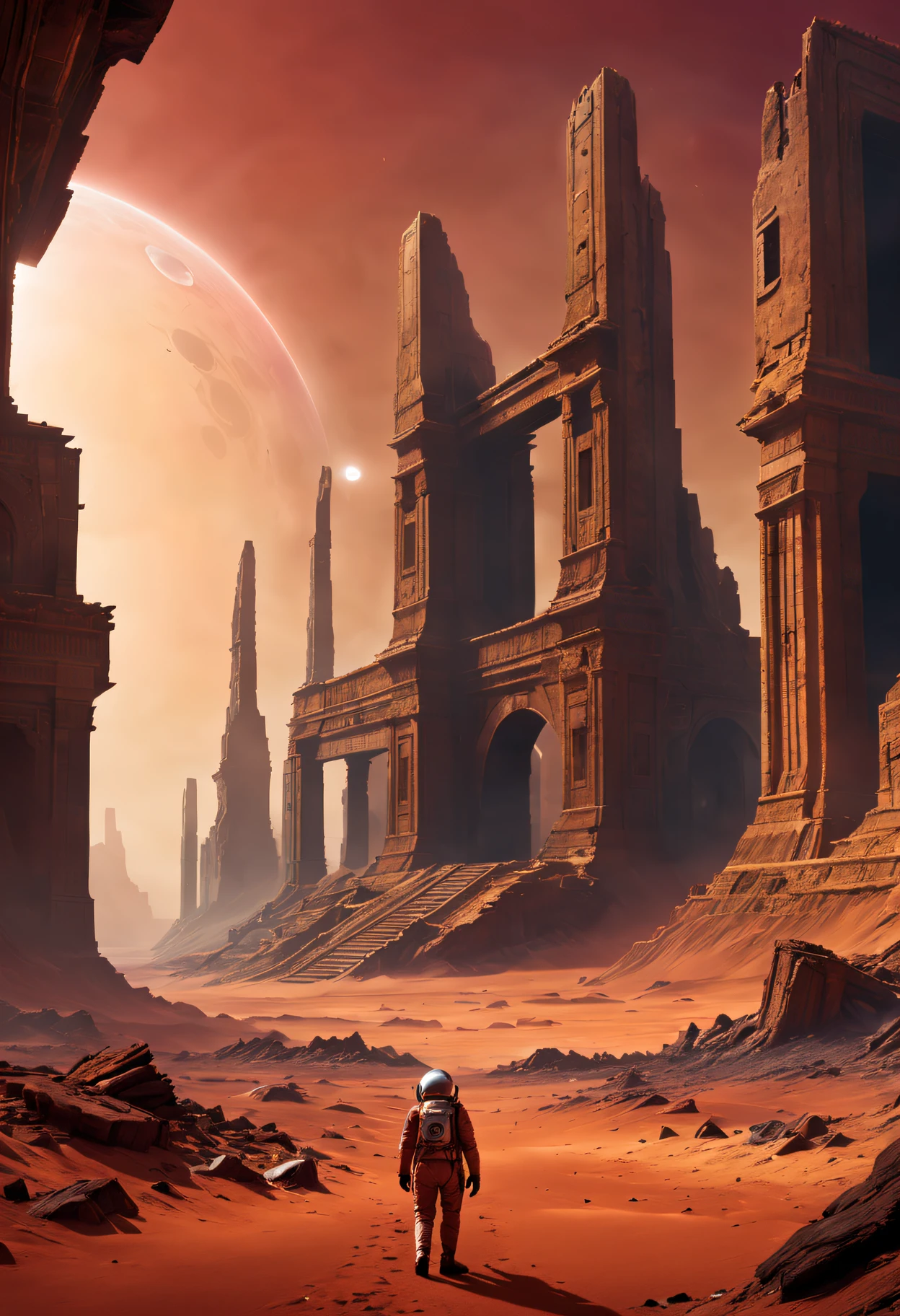 filmposter,(Mysterious ancient ruins) On Mars,(scifi concept art),(Detailed illustrations of the highest quality,4K,A high resolution,tmasterpiece:1.2),Red planet landscape right bright colors:1.1),(Sci-fi lights),(HighDynamicRange),(Crumbling structure),(The environment is desolate),(Infinite horizon),(Alien Artifacts Earth Architecture),(atmosphric perspective),(exploration),(future-tech),(The ruins of advanced civilization),(isolation and abandonment),(Astronaut explorer),(spooky ambiance),(Strange symbols),(Mysterious source of energy),(Unobstructed panoramic views),(dusty red sand),(Surreal atmosphere),(Ancient mysteries),(Distant starry sky),(unforgettably beautiful),(Fantastic imagery),(epic scale),(awe-inspiring),(Scientific discovery)