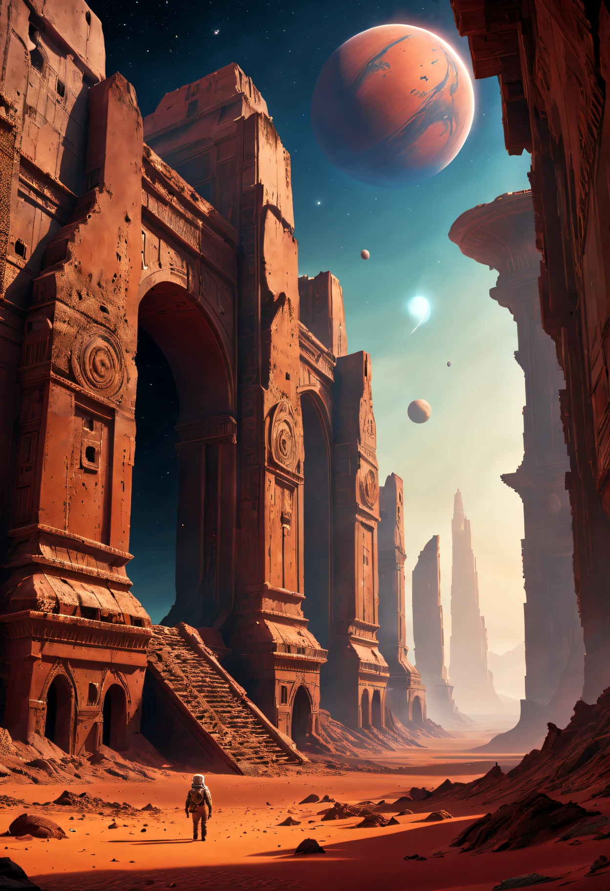 filmposter,(Mysterious ancient ruins) On Mars,(scifi concept art),(Detailed illustrations of the highest quality,4K,A high resolution,tmasterpiece:1.2),Red planet landscape right bright colors:1.1),(Sci-fi lights),(HighDynamicRange),(Crumbling structure),(The environment is desolate),(Infinite horizon),(Alien Artifacts Earth Architecture),(atmosphric perspective),(exploration),(future-tech),(The ruins of advanced civilization),(isolation and abandonment),(Astronaut explorer),(spooky ambiance),(Strange symbols),(Mysterious source of energy),(Unobstructed panoramic views),(dusty red sand),(Surreal atmosphere),(Ancient mysteries),(Distant starry sky),(unforgettably beautiful),(Fantastic imagery),(epic scale),(awe-inspiring),(Scientific discovery)