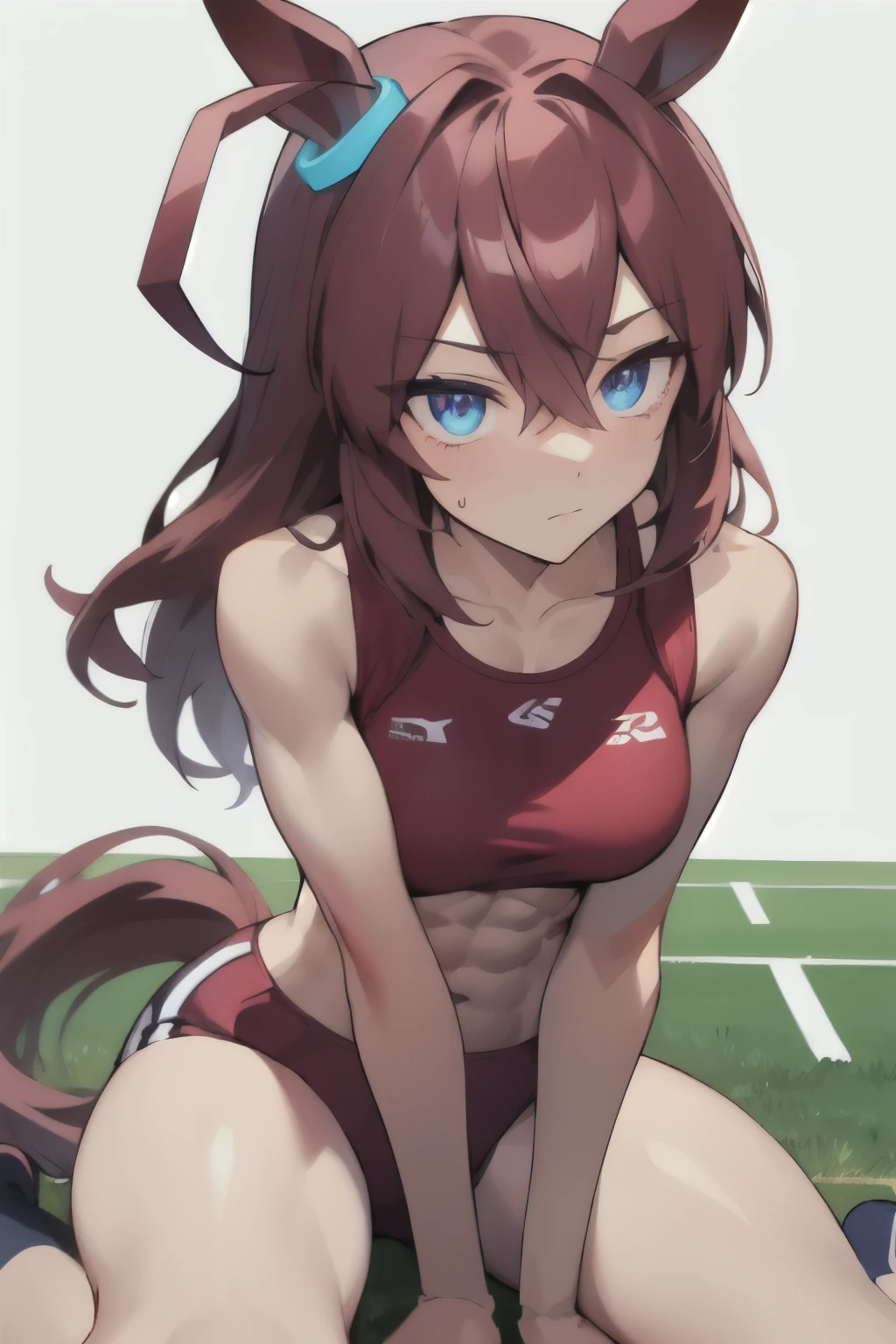 mihono bourbon\(umamusume\), (ultra-detailed face), beautiful face, masterpiece, best quality, rikujou, slender, muscular, athletics track, horse tail, expressionless, large tits, abs, hand between legs, closed mouth