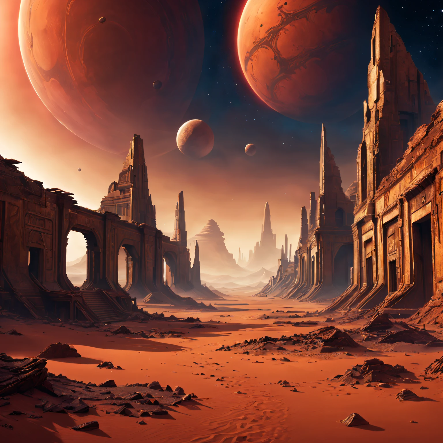 filmposter,(Mysterious ancient ruins) On Mars,(scifi concept art),(Detailed illustrations of the highest quality,4K,A high resolution,tmasterpiece:1.2),Red planet landscape right bright colors:1.1),(Sci-fi lights),(HighDynamicRange),(Crumbling structure),(The environment is desolate),(Infinite horizon),(Alien Artifacts Earth Architecture),(atmosphric perspective),(exploration),(future-tech),(The ruins of advanced civilization),(isolation and abandonment),(Astronaut explorer),(spooky ambiance),(Strange symbols),(Mysterious source of energy),(Unobstructed panoramic views),(dusty red sand),(Surreal atmosphere),(Ancient mysteries),(Distant starry sky),(unforgettably beautiful),(Fantastic imagery),(epic scale),(awe-inspiring),(Scientific discovery)