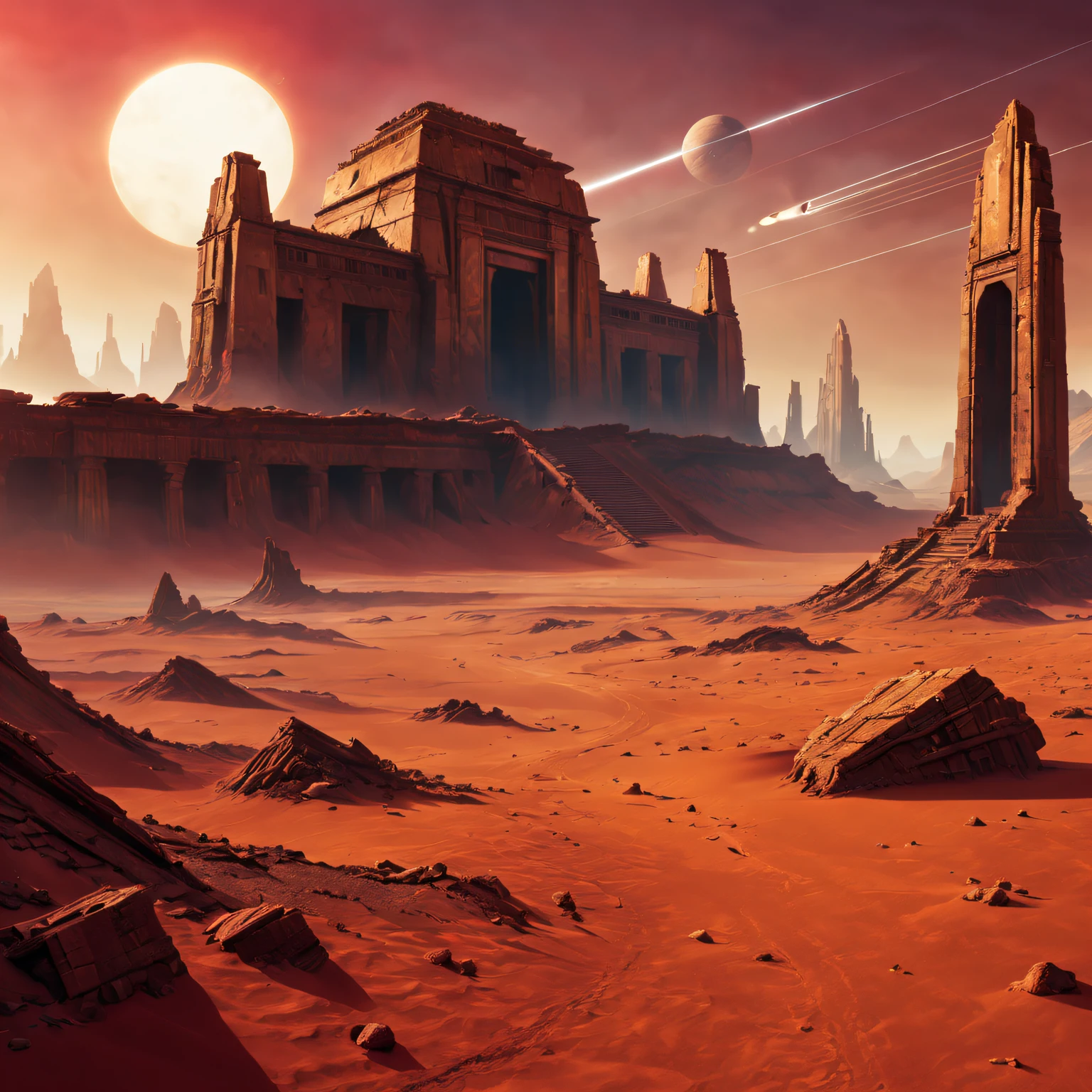 filmposter,(Mysterious ancient ruins) On Mars,(scifi concept art),(Detailed illustrations of the highest quality,4K,A high resolution,tmasterpiece:1.2),Red planet landscape right bright colors:1.1),(Sci-fi lights),(HighDynamicRange),(Crumbling structure),(The environment is desolate),(Infinite horizon),(Alien Artifacts Earth Architecture),(atmosphric perspective),(exploration),(future-tech),(The ruins of advanced civilization),(isolation and abandonment),(Astronaut explorer),(spooky ambiance),(Strange symbols),(Mysterious source of energy),(Unobstructed panoramic views),(dusty red sand),(Surreal atmosphere),(Ancient mysteries),(Distant starry sky),(unforgettably beautiful),(Fantastic imagery),(epic scale),(awe-inspiring),(Scientific discovery)