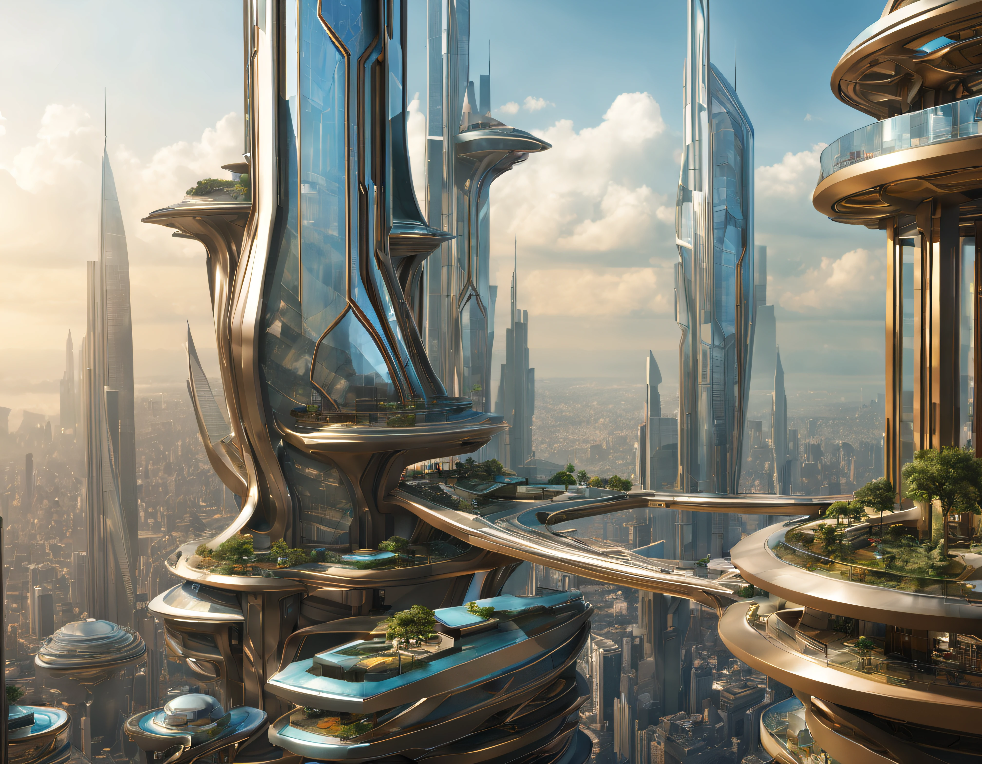 the city of megacity futuristic science fiction city as it would be in the year 3029, vista desde una terraza , with high-tech design , edificios de metal y cristal, autopistas cruzandolos, de una inmensidad impresionante, con el empleo de oro , plata y bronce en su construccion, realmente impresionante a la vista, imagen bien definida, fondo nitido bien defifido, con muchos edificios juntos. imagen nitida bien definida 8k. los edificios llegan alta el fondo.,8k. imagen cinematografica, renderizado 3d, ((obra maestra de superior calidad)).