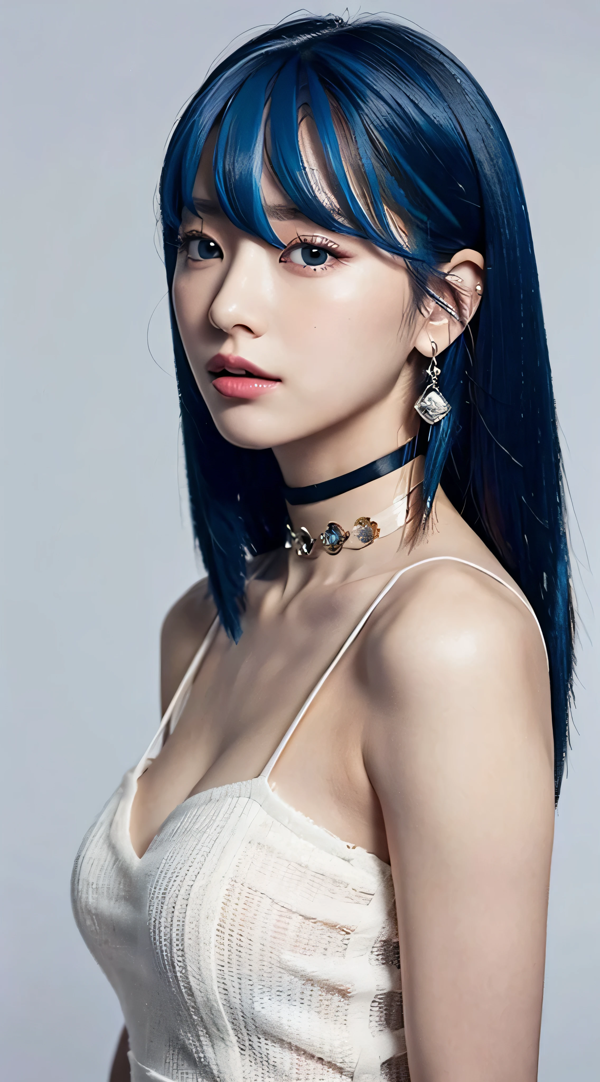 8K Wallpaper, masutepiece, Movie Lighting, Best Quality, Illustration, Dramatic Angle, ((Color: 1.1)), ((Color inner hair: 1.4)), 1girl in, Solo, Long hair, Water, Blue eyes, Choker, Parted lips, white Choker, liquid hair, Black hair, Bangs, from Side, Side, Upper body, Simple background, Gray background, Bare shoulders, Portrait, gaze at the audience, White Dress, hair between eye, White background, earrings,