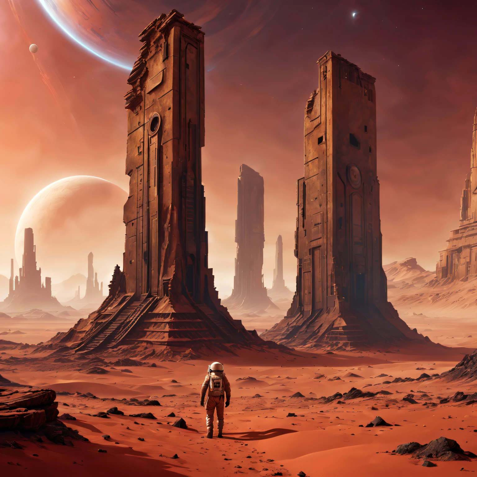 (Mysterious ancient ruins) On Mars,(scifi concept art),(Detailed illustrations of the highest quality,4K,A high resolution,tmasterpiece:1.2),Red planet landscape right bright colors:1.1),(Sci-fi lights),(HighDynamicRange),(Crumbling structure),(The environment is desolate),(Infinite horizon),(Alien Artifacts Earth Architecture),(atmosphric perspective),(exploration),(future-tech),(The ruins of advanced civilization),(isolation and abandonment),(Astronaut explorer),(spooky ambiance),(Strange symbols),(Mysterious source of energy),(Unobstructed panoramic views),(dusty red sand),(Surreal atmosphere),(Ancient mysteries),(Distant starry sky),(unforgettably beautiful),(Fantastic imagery),(epic scale),(awe-inspiring),(Scientific discovery)