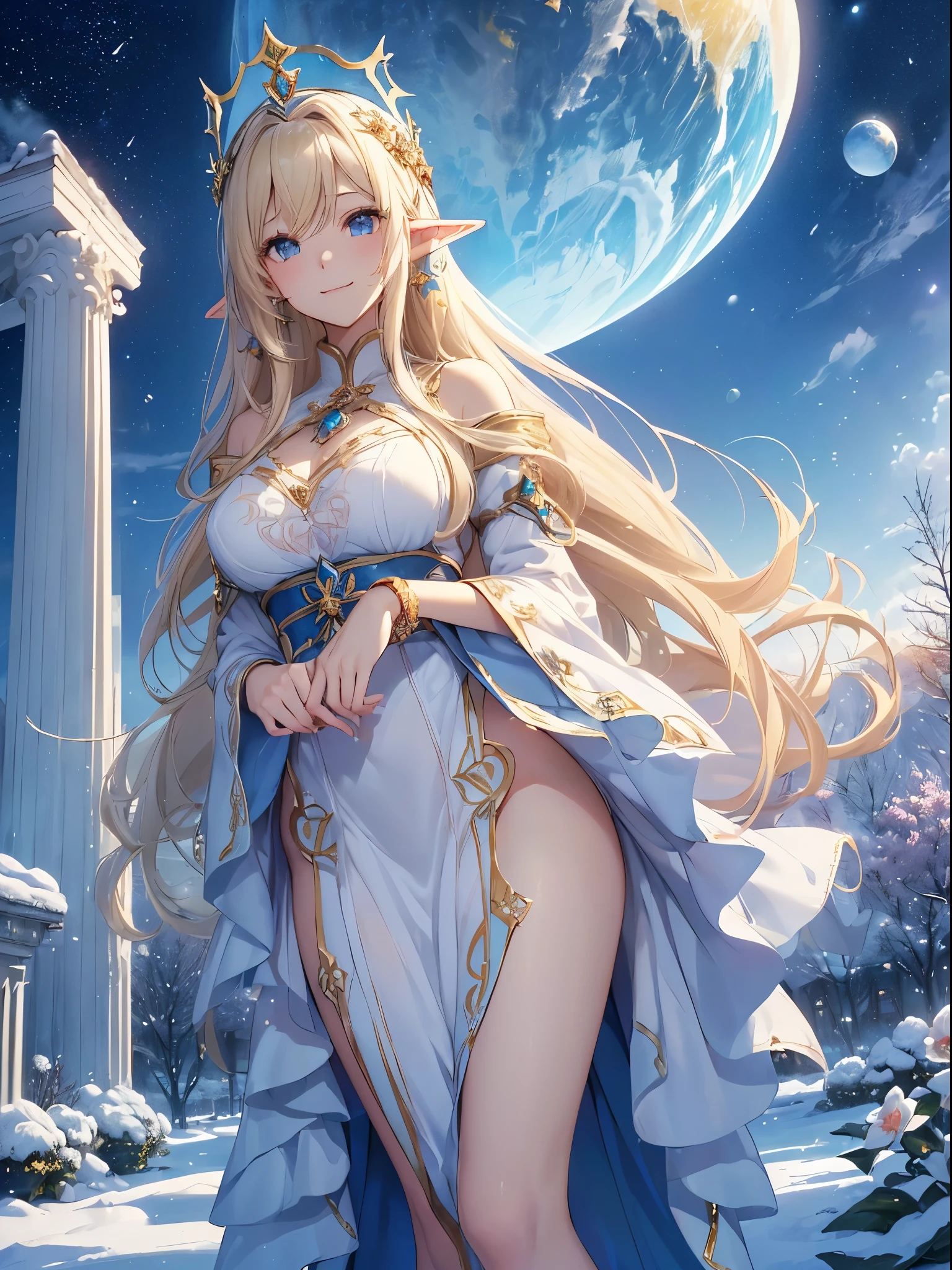 top-quality、Top image quality、masterpiece、Super beautiful elf beauty((24 year old、Santa Costumes、Santa Hat、Best Bust、big bast、Bust 90,beautiful blue long ironed hair、a blond、globe、A Sexy、A slender、a closeup、Esbian、beautiful tiara、hiquality、Beautiful Art、Background with((starrysky)))masutepiece、visualart、depth of fields、low angle of morning sky、、Elven ears、、light magic、Space Knight、harp melody🎵、Happy smile、Gentle light、、Beautiful legs that are gentle on the skin、、、Number of fingers to achieve precise finger movements、ticker beautiful decoration、elegent、Mystical field under the flower garden、Marble pillars, beautiful dressy、Snowy landscape in winter、、巨大なglobe、、Temple of Time、Great watch、hour glass、sundial、NSFW.Sexy,
