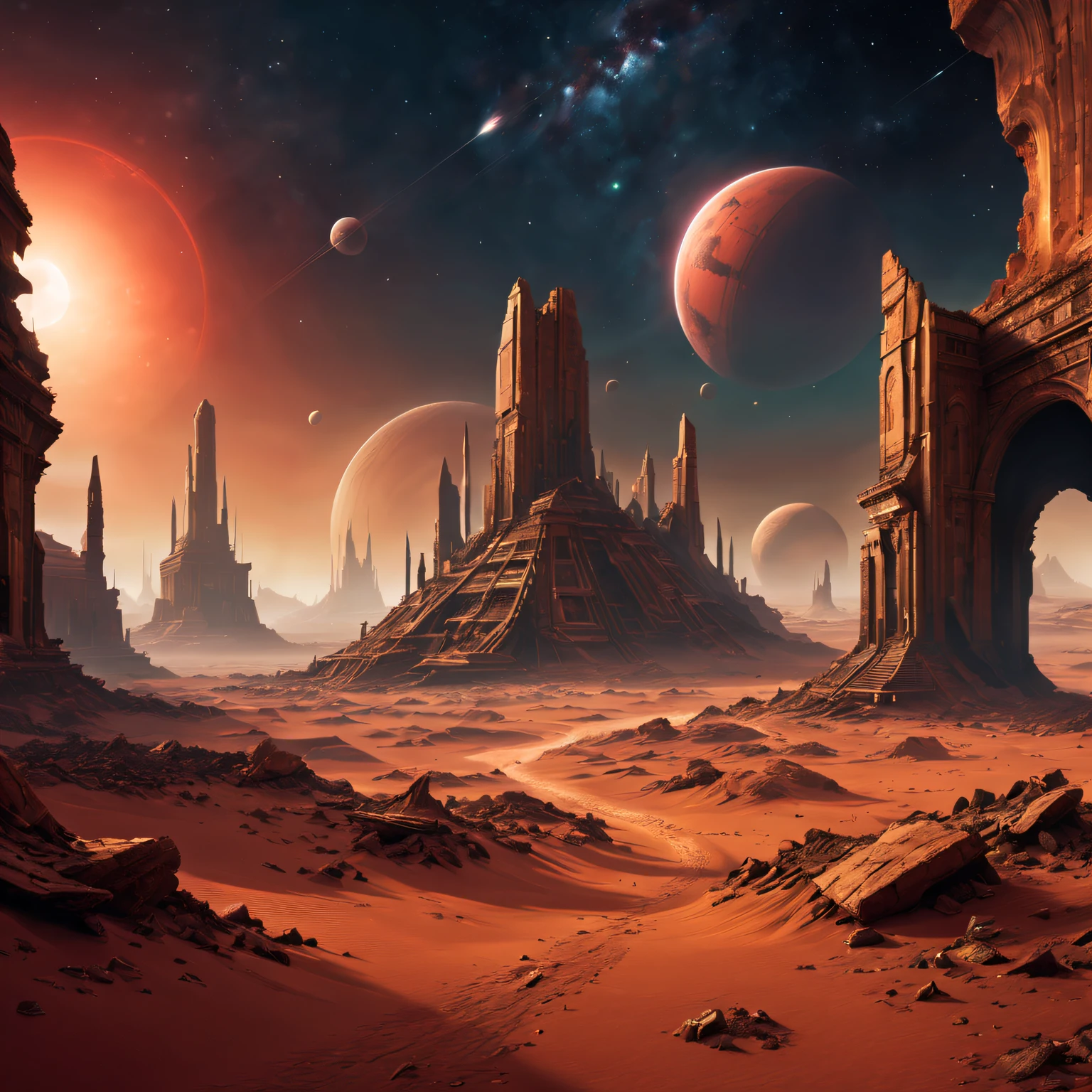 (Mysterious ancient ruins) On Mars,(scifi concept art),(Detailed illustrations of the highest quality,4K,A high resolution,tmasterpiece:1.2),Red planet landscape right bright colors:1.1),(Sci-fi lights),(HighDynamicRange),(Crumbling structure),(The environment is desolate),(Infinite horizon),(Alien Artifacts Earth Architecture),(atmosphric perspective),(exploration),(future-tech),(The ruins of advanced civilization),(isolation and abandonment),(Astronaut explorer),(spooky ambiance),(Strange symbols),(Mysterious source of energy),(Unobstructed panoramic views),(dusty red sand),(Surreal atmosphere),(Ancient mysteries),(Distant starry sky),(unforgettably beautiful),(Fantastic imagery),(epic scale),(awe-inspiring),(Scientific discovery)