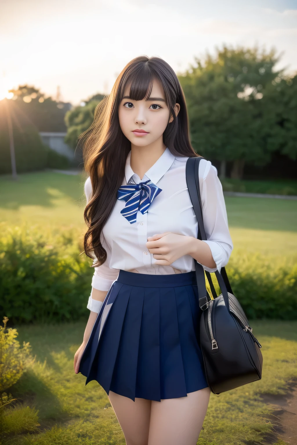 (raw、​masterpiece、top-quality、Hi-Res)、kawaii、Walking、be shy、Shyness、18year old、One Woman、attractive bodies、Colossal tits:1.4、Long wavy hair、High School School Uniform、thighs thighs thighs thighs、White socks、open-shirt、Tight shirt、Sheer shirt、Ribbon on the head、serafuku、Very short skirt、School bag、lowfers、ancient ruin、exploring、Fluttering skirt、Fluttering hair、panties on、embarrassed from、(perfect anatomia、Beautiful limbs、Healthy body,Beautiful skin)、early evening、sunset glow、Professional、