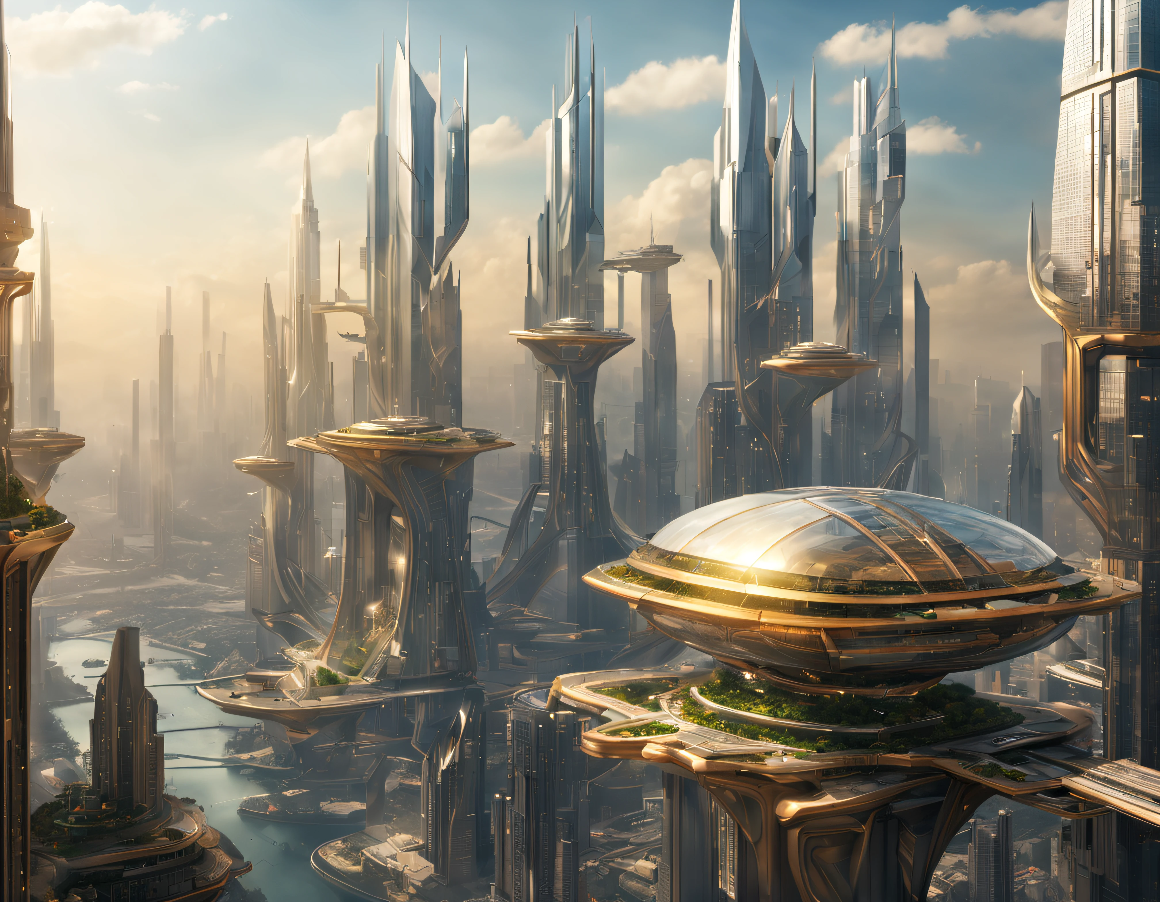 the city of megacity futuristic science fiction city as it would be in the year 3029, vista desde una terraza , with high-tech design , edificios de metal y cristal, autopistas cruzandolos, de una inmensidad impresionante, con el empleo de oro , plata y bronce en su construccion, realmente impresionante a la vista, imagen bien definida, fondo nitido bien defifido, con muchos edificios juntos. imagen nitida bien definida 8k. los edificios llegan alta el fondo.,8k. imagen cinematografica, renderizado 3d, ((obra maestra de superior calidad)).