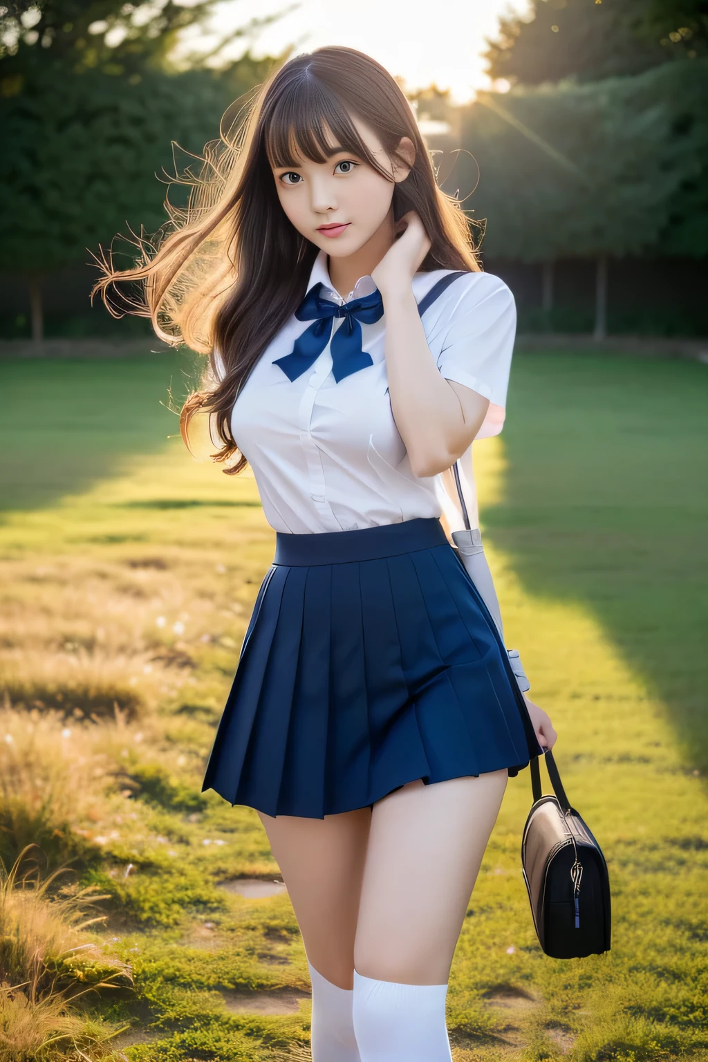 (raw、masterpiece、top-quality、Hi-Res)、kawaii、Walking、be shy、Shyness、18year old、One Woman、attractive bodies、Colossal tits:1.4、Long wavy hair、High School School Uniform、thighs thighs thighs thighs、White socks、open-shirt、Tight shirt、Sheer shirt、Ribbon on the head、serafuku、Very short skirt、School bag、lowfers、ancient ruin、exploring、Fluttering skirt、Fluttering hair、panties on、embarrassed from、(perfect anatomia、Beautiful limbs、Healthy body,Beautiful skin)、early evening、sunset glow、Professional、