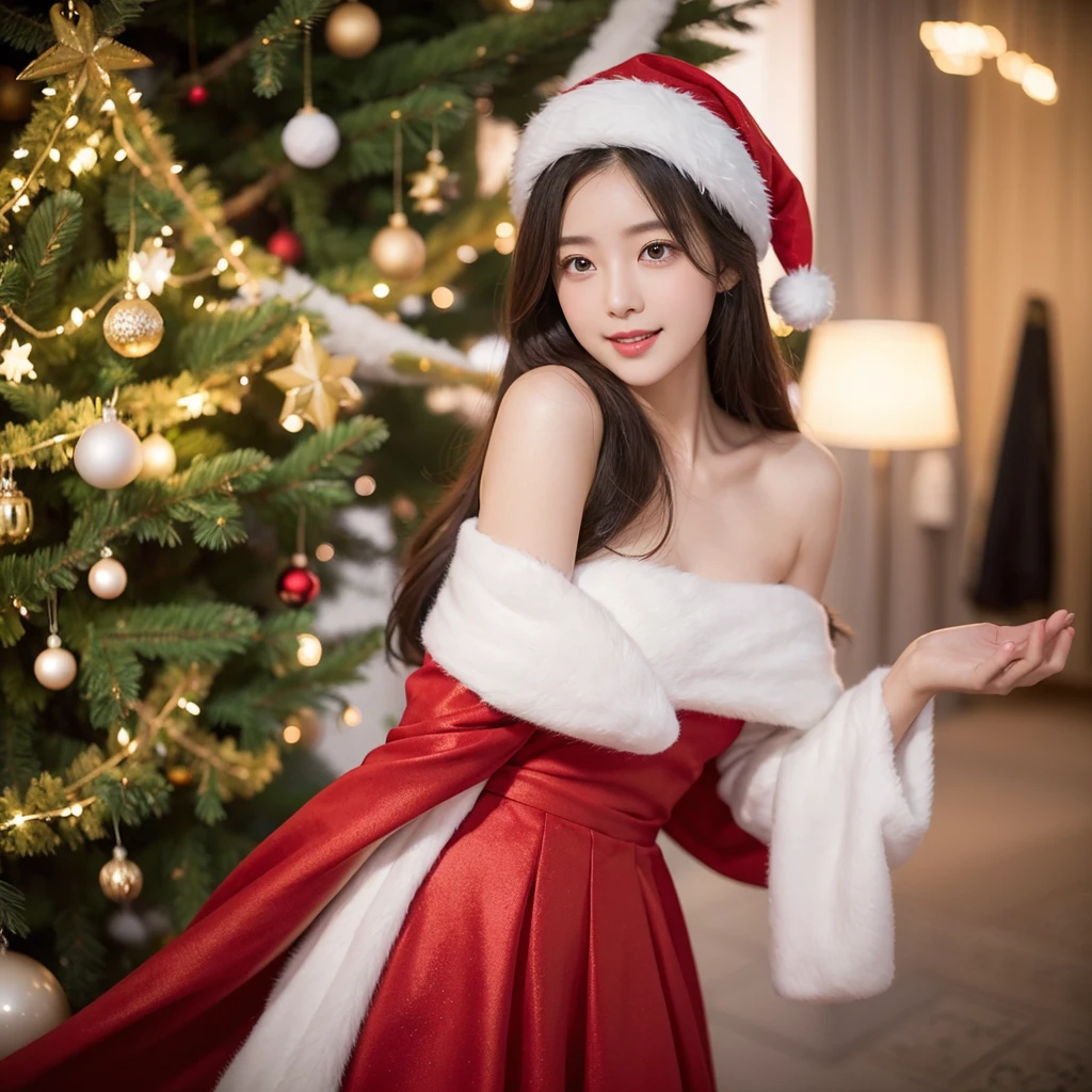 In the cold breath of Christmas Eve,She stands in front of the magnificent Christmas tree,A red Christmas dress gently brushed her slender legs。The delicate fabric of this skirt sparkles with silver patterns,Like fireworks dancing in the starry sky,Adding a mysterious and charming charm to her。
She is wearing an exquisite Santa hat,studded with golden stars and shining bells。When she lowered her head slightly,The brim of the hat just covered the soft black hair at the corners of her eyes.,Revealing a touch of playfulness。The white fur ball on the top of the hat trembles gently in the breeze,It complements the corners of her smiling mouth。
Her figure is perfect and slendeintly showing her persistence and hard work in exercise。Elegant lines outline her graceful curves, her the center of attention。Her tallness and slender waist complement each other perfectly,As beautiful as a piece of art。
Her skin was as fair as snow,Silky and delicate,It's like you can feel a touch of warmth when you step into it.。Her eyes were bright and clear,Shining like two gems with wisdom and kindness。When she raised her head slightly,Starlight dances in her eyes,Like the mysterious light emanating from the depths of the boundless universe。
She opened her arms slightly,It's like an angel descended into the world,A message of love and hope on this holy night。Her presence makes people feel the blessings and joy of Christmas,Everyone who looks at her will feel a sense of peace and。
Standing in front of the Christmas tree,Wearing a red Christmas dress,Wearing a Christmas hat,A stunning beauty with a perfect slender figure,She became a charming scenery,Decorate Christmas Eve to be more beautiful and unforgettable。