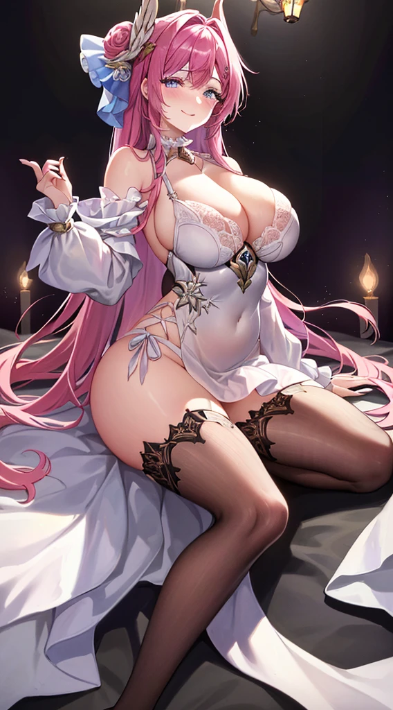 Sexy and sexy woman,20yr old,Peach blossom eyes,Smoky makeup,Dark eyeshadow,Woman with heavy makeup and blue eyes,Qi bangs long hair,jewely,bangle,choker necklace,Jiuru,White lace luxury, Paired with a high-cut transparent evening gown,Stiletto pointed toe high heels), huge,Teasing expressions,Lift up your skirt,Lie down in bed,sexual teasing,Sexual suggestiveness,putting makeup on,A smile,'s laughter,atmosphere,A sense of luxury,european court of justice,Gothic,Barlot,rococo,lamplight,hyper HD,(8K,RAW