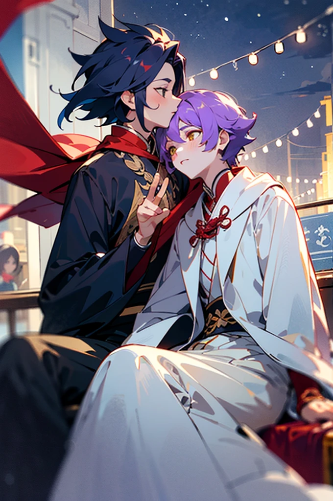 ((Best quality)), ((tmasterpiece)), (Detailed pubic hair), It's a perfect face,festive,2boy,Blue starry sky and bustling streets,On the right is a boy with yellow hair、Shopping in a white midi jacket..,The boy with long purple hair on the left is wearing a Chinese red wedding dress、Wearing various accessories and red headscarf、Sitting in an eight-person sedan,