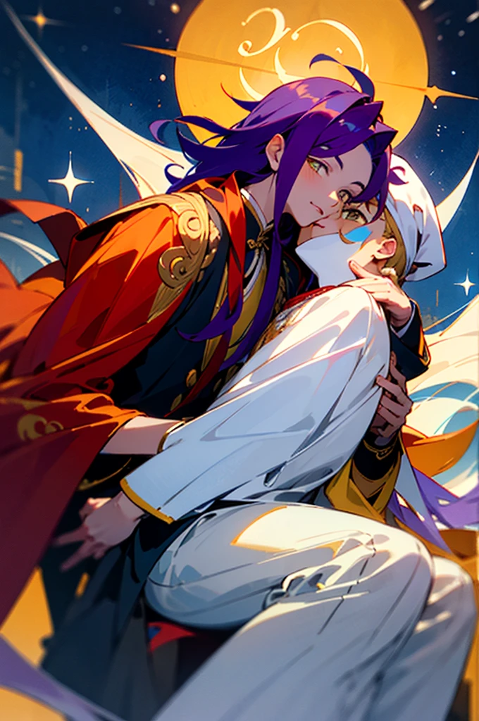 ((Best quality)), ((tmasterpiece)), (Detailed pubic hair), It's a perfect face,festive,2boy,Blue starry sky and bustling streets,On the right is a boy with yellow hair、Shopping in a white midi jacket..,The boy with long purple hair on the left is wearing a Chinese red wedding dress、Wearing various accessories and red headscarf、Sitting in an eight-person sedan,