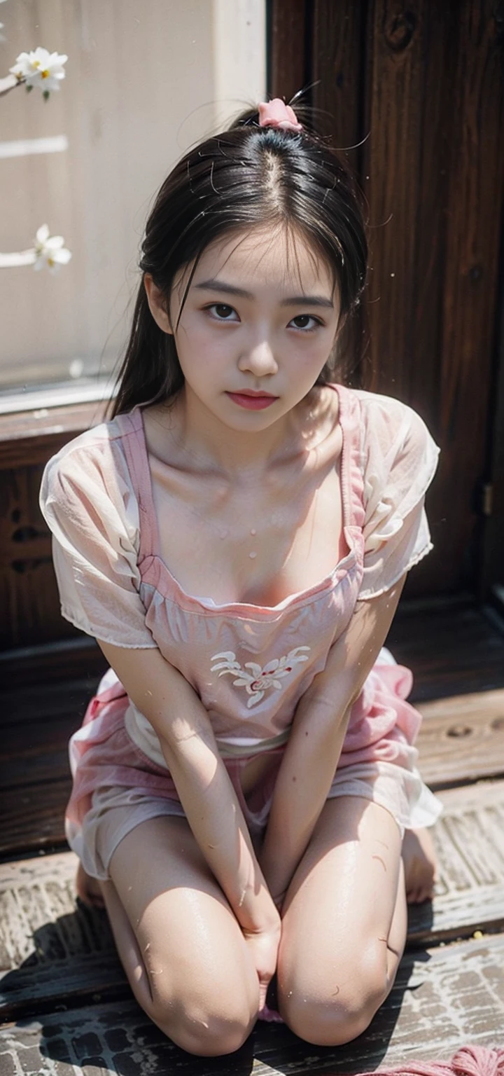 (From a straight above, bird's-eye perspective), 1girl, Realistic Chinese pretty teenage girl,16-years old, pink colour Hanfu, erotic, small breast,greasy, knelt on the floor, eye gazing up to the camera, with sweat on body, sweat body, sweat breasts,wet body,wet chest,wet breasts, waiting for punishment, beside the window