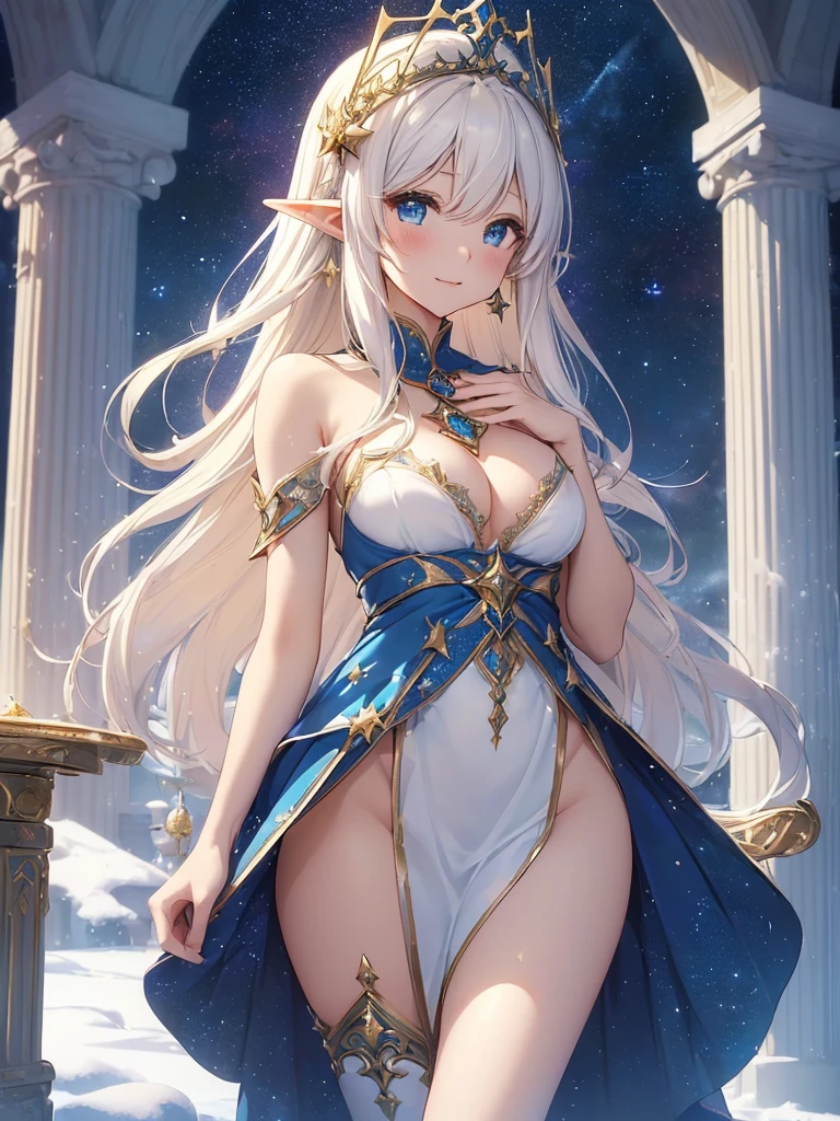 top-quality、Top image quality、masterpiece、Super beautiful elf beauty((24 year old、Santa Costumes、Santa Hat、Best Bust、big bast、Bust 90,beautiful blue long ironed hair、a blond、globe、A A sexyは、A slender、a closeup、Esbian、beautiful tiara、hiquality、Beautiful Art、Background with((starrysky)))masutepiece、visualart、depth of fields、low angle of night sky、、Elven ears、、light magic、Space Knight、harp melody🎵、Happy smile、Gentle light、、Beautiful legs that are gentle on the skin、、、Number of fingers to achieve precise finger movements、ティッカーBeautiful decoration、elegent、Mystical field under the flower garden、Marble pillars, beautiful dressy、Snowy landscape in winter、、巨大なglobe、、Temple of Time、Great watch、hour glass、sundial、NSFW.A sexy、Christmas、Christmasツリー、Beautiful decoration