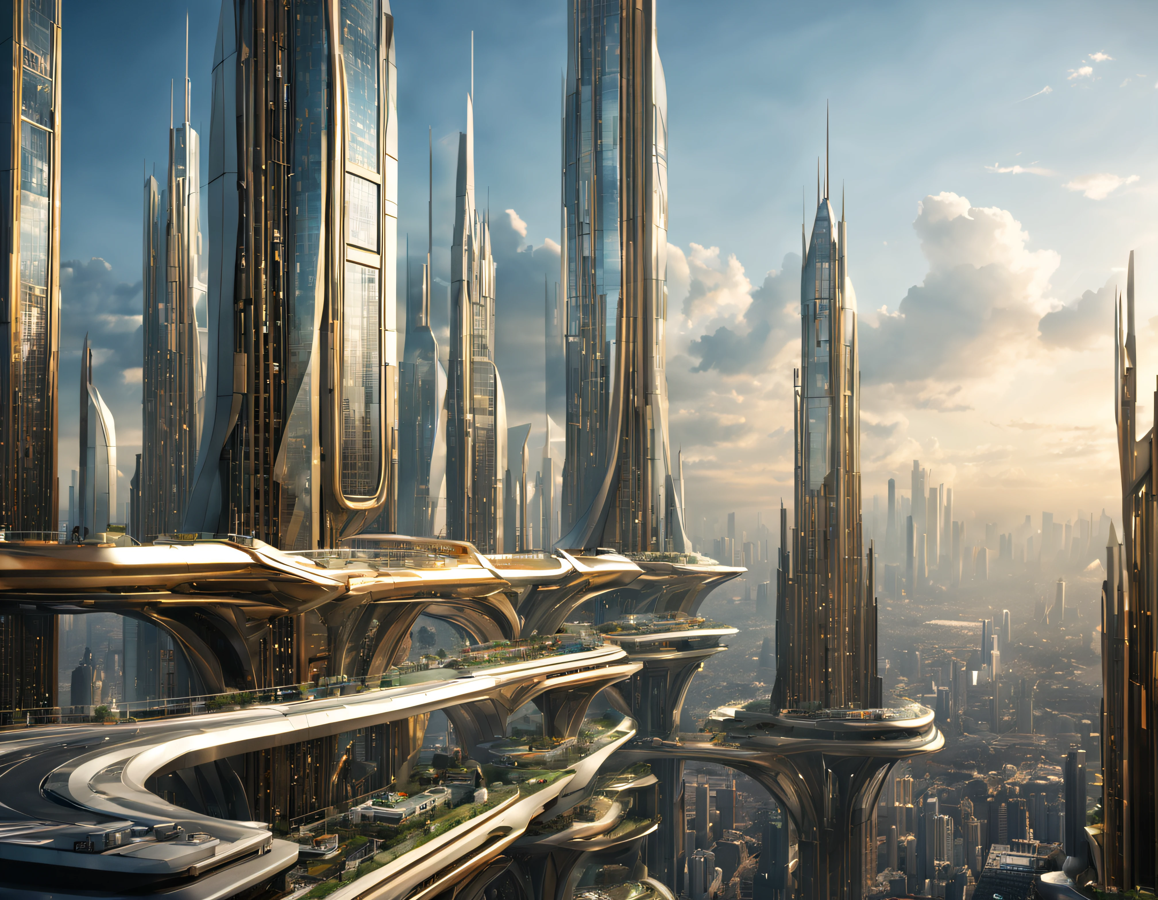 the city of megacity futuristic science fiction city as it would be in the year 3029, vista desde una terraza , with high-tech design , edificios de metal y cristal, autopistas cruzandolos, de una inmensidad impresionante, con el empleo de oro , plata y bronce en su construccion, realmente impresionante a la vista, imagen bien definida, fondo nitido bien defifido, con muchos edificios juntos. imagen nitida bien definida 8k. los edificios llegan alta el fondo.,8k. imagen cinematografica, renderizado 3d, ((obra maestra de superior calidad)).