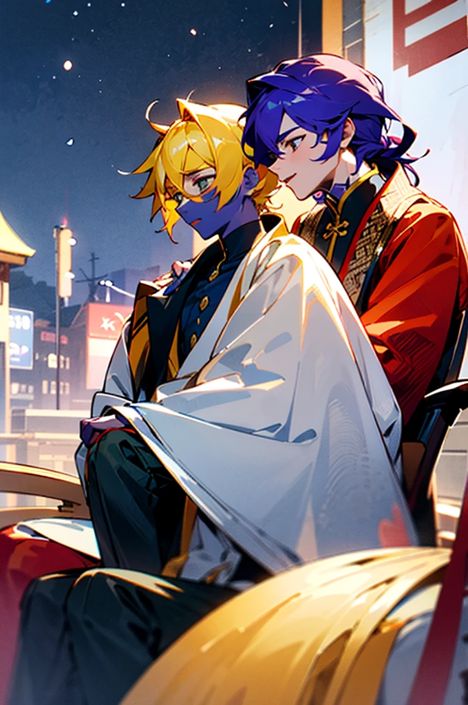 ((Best quality at best)), ((tmasterpiece)), (Detailed pubic hair), It's a perfect face,festive,2boy,Blue starry sky and bustling streets,On the right is a boy with yellow hair、Shopping in a white midi jacket..,The boy with long purple hair on the left is wearing a Chinese red wedding dress、Wearing various accessories and red headscarf、Sitting in an eight-person sedan,