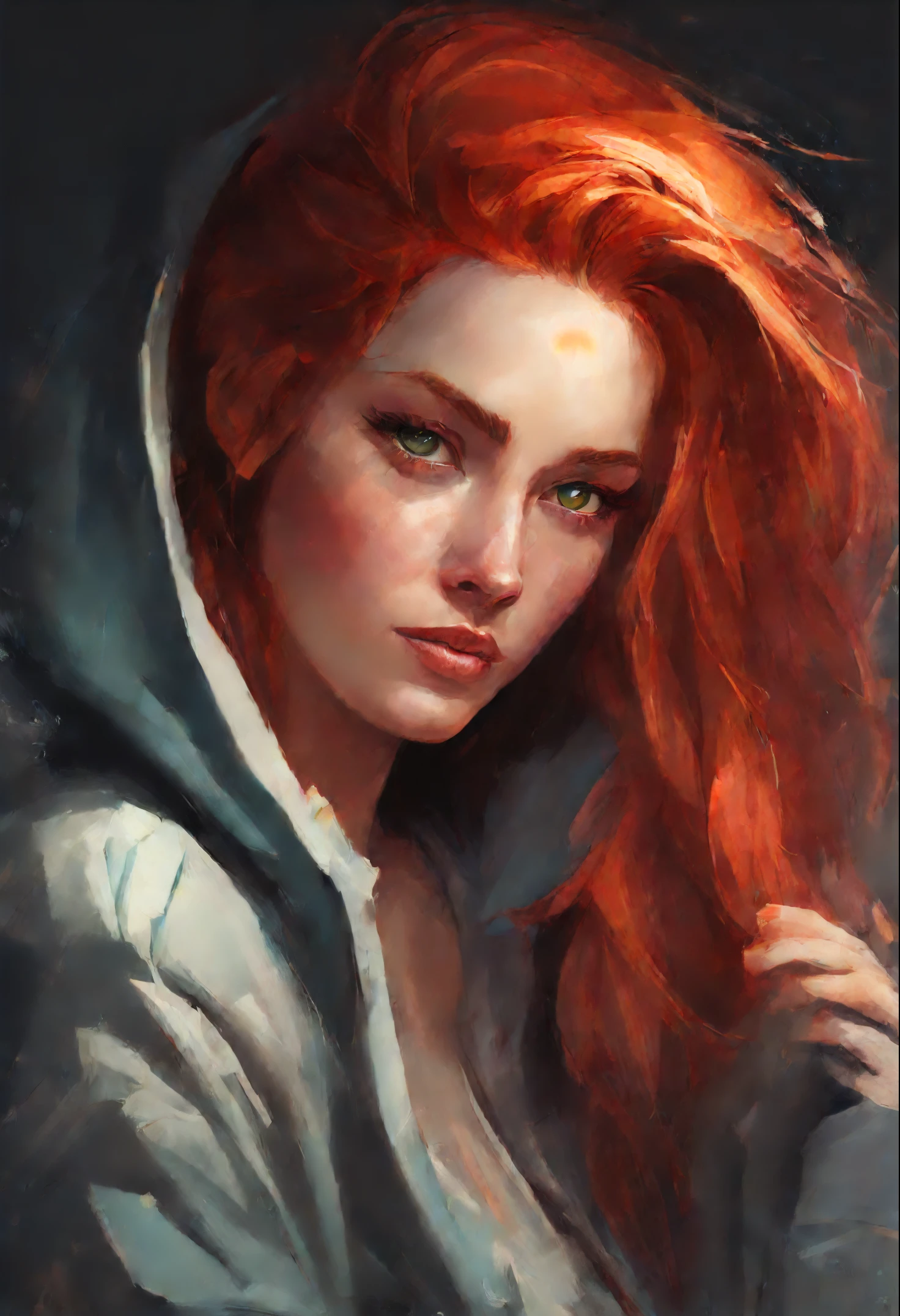 Painting of a woman with red hair and a hoodie with a cat on her shoulder, beautiful character painting, rossdraws portrait, digital painting concept art, ArtStation Painting, Character portrait, fantasy concept art portrait, alexandra fomina artstation, cgsociety portrait, Character portrait, rossdraws 1. 0, stunning character art, gorgeous digital painting, Character portrait close up, Digital Character Painting