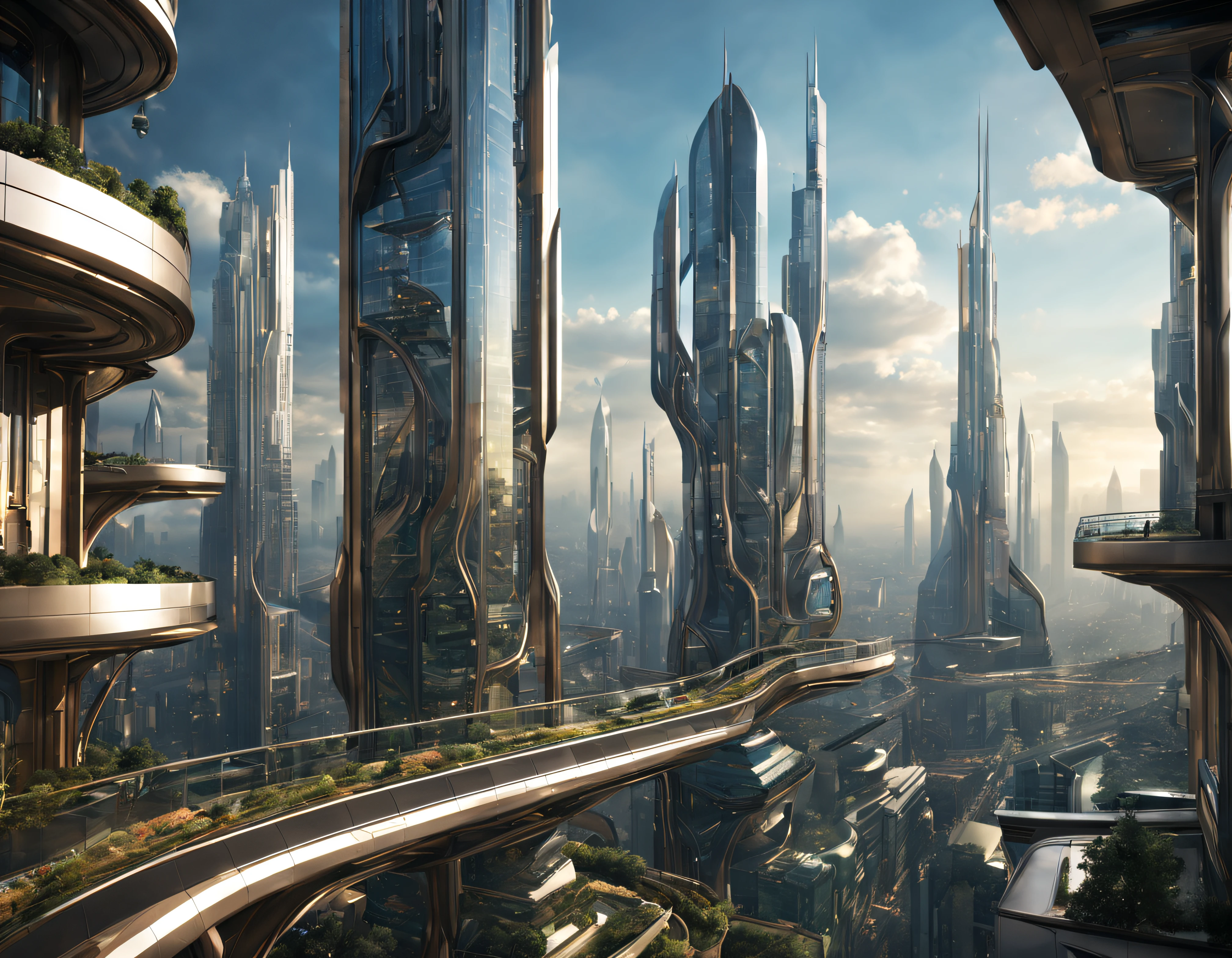 the city of megacity futuristic science fiction city as it would be in the year 3029, vista desde una terraza , with high-tech design , edificios de metal y cristal, autopistas cruzandolos, de una inmensidad impresionante, con el empleo de oro , plata y bronce en su construccion, realmente impresionante a la vista, imagen bien definida, fondo nitido bien defifido, con muchos edificios juntos. imagen nitida bien definida 8k. los edificios llegan alta el fondo.,8k. imagen cinematografica, renderizado 3d, ((obra maestra de superior calidad)).