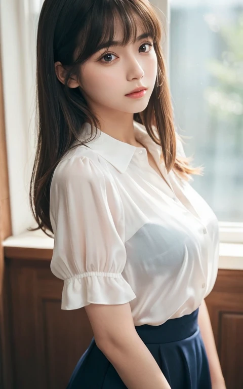((full body seen))、masutepiece, Best Quality, 8K, 20 yo, large full breasts, cute little, Solo, sad, Cute, Girly, Delicate girl, Neat and clean beauty, Raw photo, Professional Photography, Portrait, Soft light, Professional Lighting, Back lighting, Upper body, Looking away, Sophisticated, Film grain, (Eyes and faces with detailed:1.0), Short-length floating hair, Beautiful flowing hair, Bangs, see-through silk collar blouse、The blouse is transparent in the light、not wearing anything under the blouse、no-bra