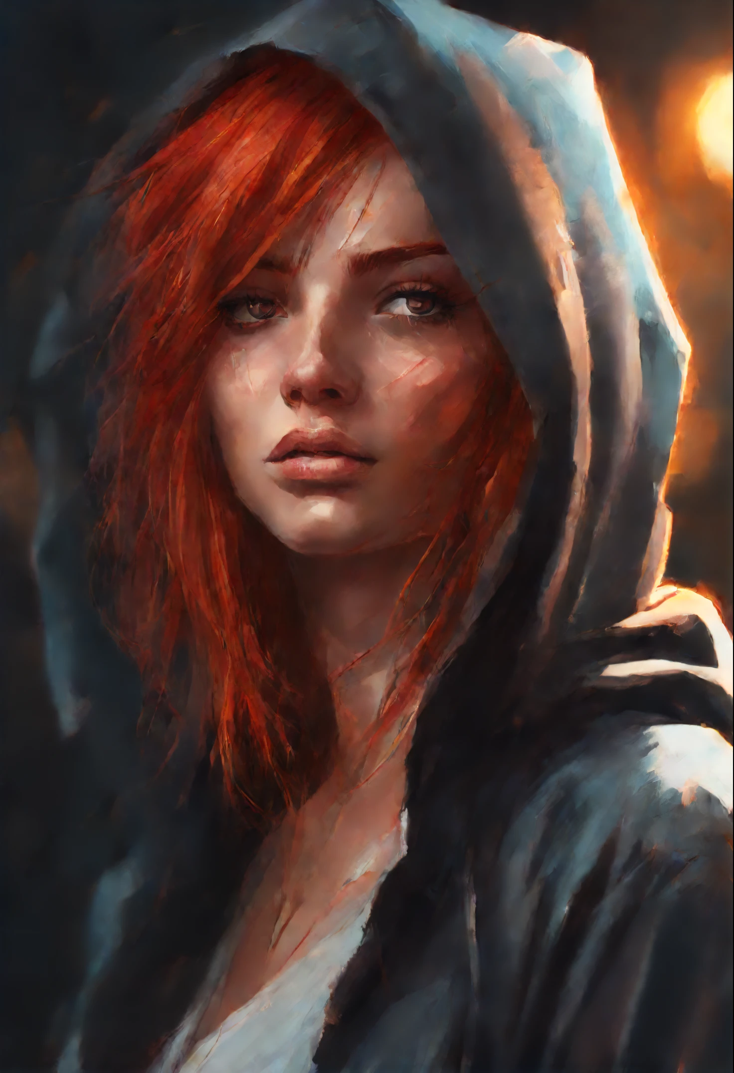 Painting of a woman with red hair and a hoodie, bloody scratch on face, beautiful character painting, rossdraws portrait, digital painting concept art, ArtStation Painting, Character portrait, fantasy concept art portrait, alexandra fomina artstation, cgsociety portrait, Character portrait, rossdraws 1. 0, stunning character art, gorgeous digital painting, Character portrait крупным планом, Digital Character Painting