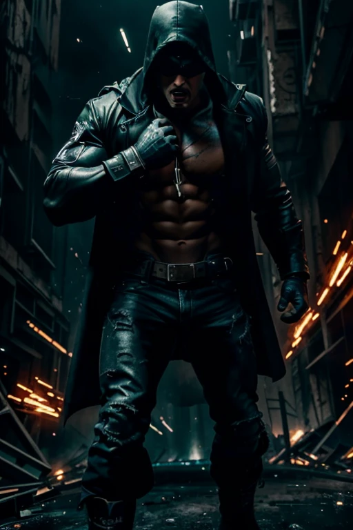 intense shadows,dark background,dynamic poses,gritty texture,dramatic lighting,vivid colors,exaggerated brush strokes,high contrast,powerful compositions,expressive emotions,humans with superhuman abilities,action-packed scenes,highly detailed characters,dynamic perspective,heroic individuals,epic battles,epic scale of destruction,mysterious atmosphere,motion blur,extreme angles,cracked paint effect,labeling neons,energy bursts,dramatic expressions,fierce determination,ominous tones,unexpected outcomes,raw emotions,cinematic aesthetic,chaotic compositions,dynamic lines and shapes,using perspective to create depth and impact,sharp focus,high-resolution details,masterpiece:1.2,photorealistic:1.37