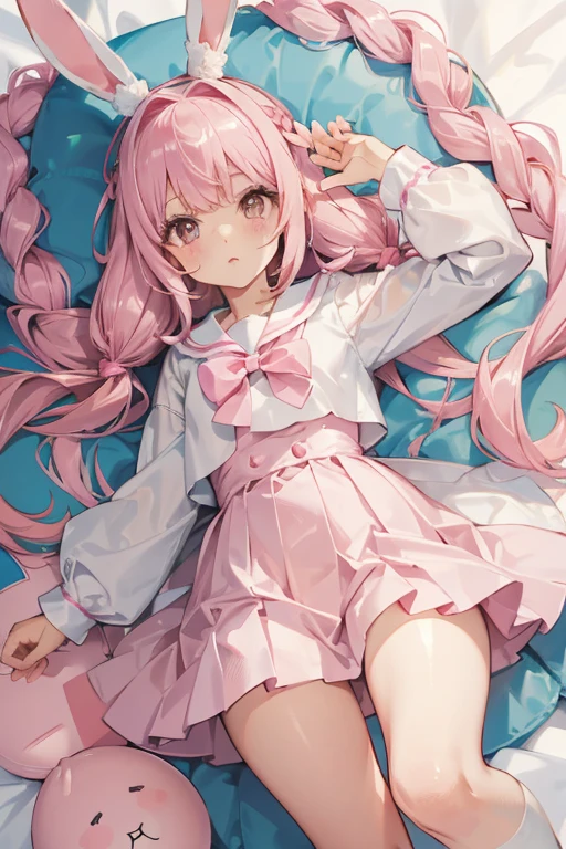 Dreamy shiny pink braids，Long white rabbit ears，Pink sailor suit，White  socks，White loose antique clothing，The eyes are pink，It's a cute girl