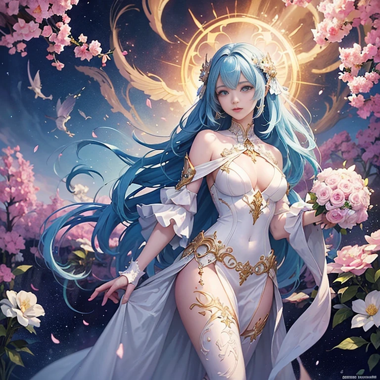 Woman in white dress standing in front of building with lots of flowers, anime fantasy artwork, anime fantasy illustration, a beautiful artwork illustration, beautiful anime artwork, elaborate digital art, intricate ornate anime cgi style, anime art nouveau cosmic display, beautiful anime art, beautiful digital works of art, beautiful fantasy anime, Detailed anime artwork, Detailed Digital Anime Art, dreamy psychedelic anime