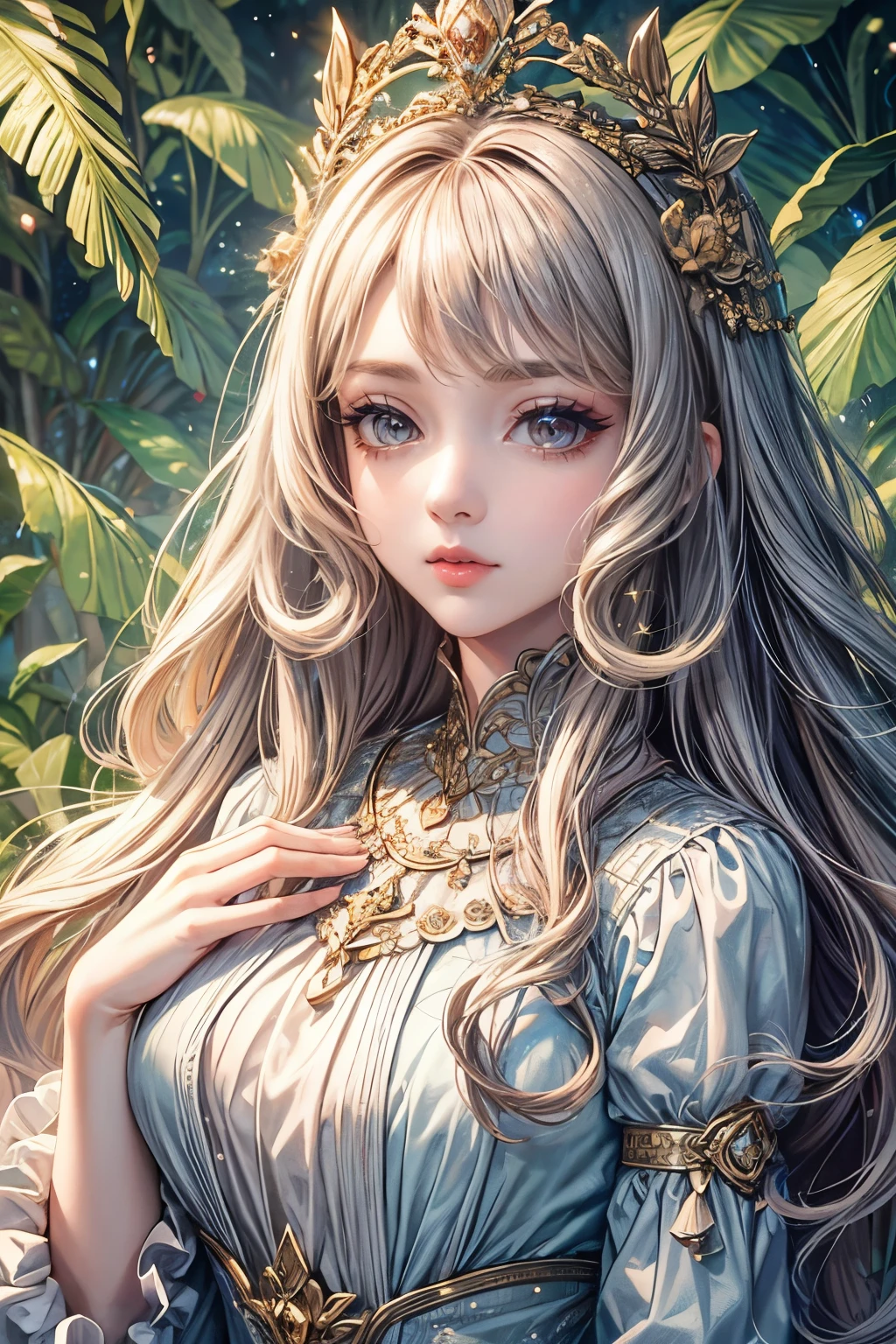 (best quality,8K,CG),detailed upper body,solitary girl,floral forest background,complex facial features,elegant long curly hair,almond-shaped big eyes,detailed eye makeup,long eyelashes,twinkling stars,exquisite lip details,soft and harmonious style.