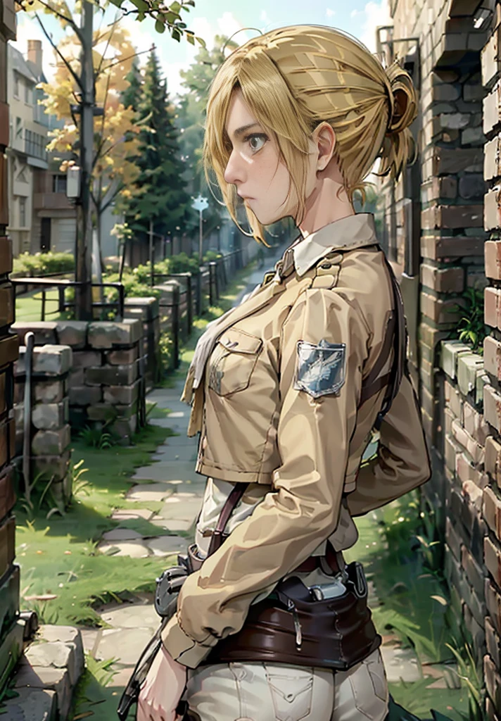 ((annie leonhart)),((velocity)),((Women stand)),Embarrassed,velocity,((classic city)),((One Woman)),her butt facing screen,fullbody,blue eye,detailed eyes,blushing)),(​masterpiece:1.2、top-quality)、(the Extremely Detailed CG Unity 8K Wallpapers、ultra-detailliert、Best Shadows)、(细致背景)、(The best lighting、extremely delicate and beautiful)、depth of fields、1girl in、独奏 ,Women wear  scout outfit,Ephemeral,,(blonde),(scout regiment outfit)),((((Girl  embarassed when she smells the bad smell of farts)))),outfit like a scout regiment,((((profile facing diagonally)),((massive fart))