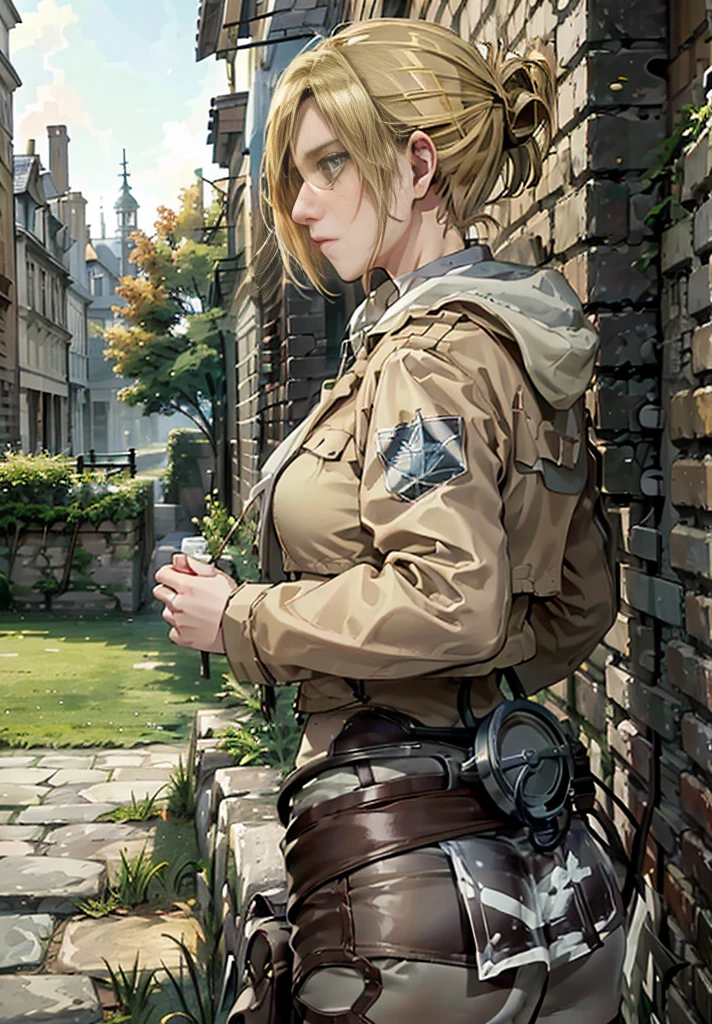 ((annie leonhart)),((velocity)),((Women stand)),Embarrassed,velocity,((classic city)),((One Woman)),her butt facing screen,fullbody,blue eye,detailed eyes,blushing)),(​masterpiece:1.2、top-quality)、(the Extremely Detailed CG Unity 8K Wallpapers、ultra-detailliert、Best Shadows)、(细致背景)、(The best lighting、extremely delicate and beautiful)、depth of fields、1girl in、独奏 ,Women wear  scout outfit,Ephemeral,,(blonde),(scout regiment outfit)),((((Girl  embarassed when she smells the bad smell of farts)))),outfit like a scout regiment,((((profile facing diagonally)),((massive fart))