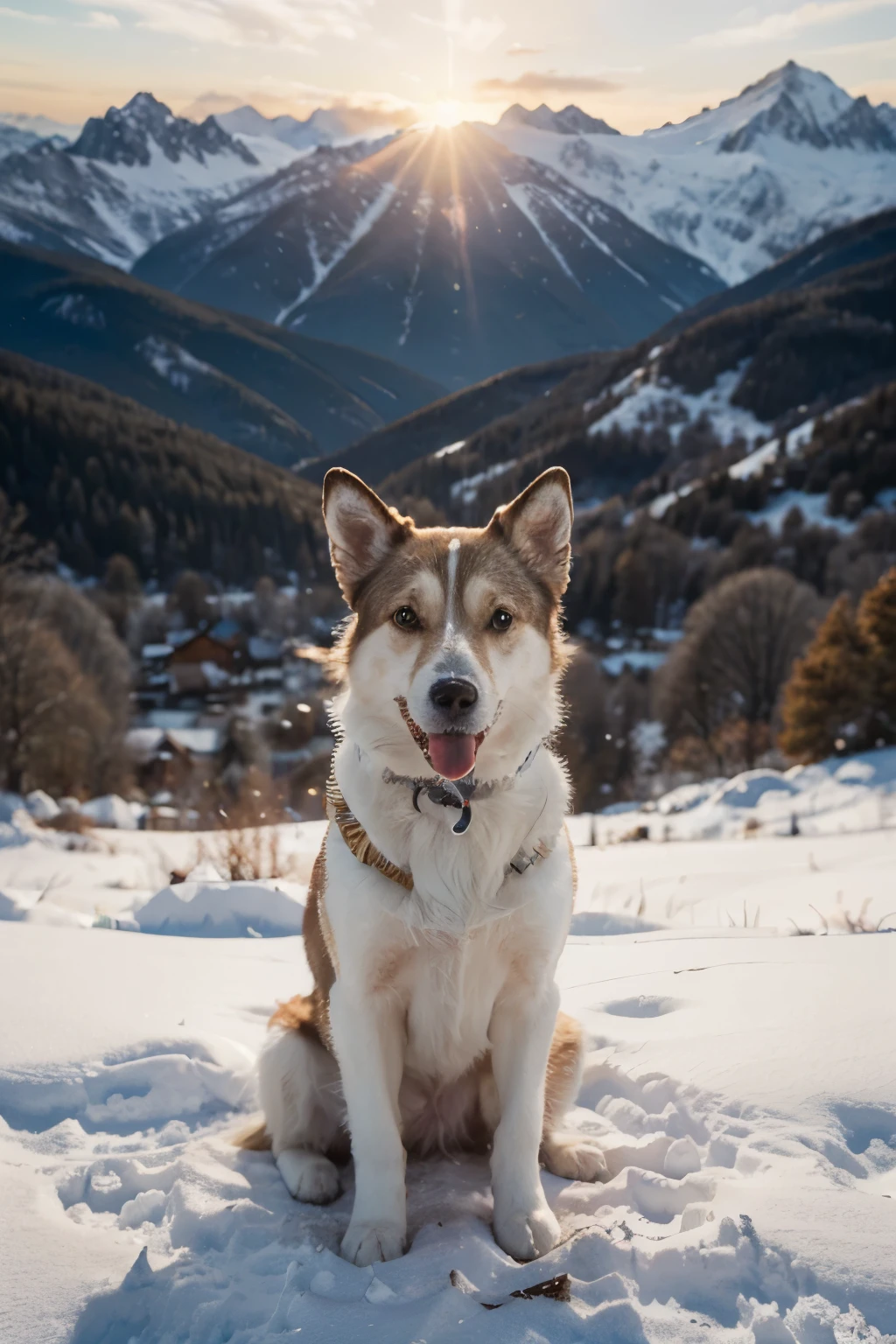 (((masterpiece))),(((best quality))),(((ultra-detailed))),tatra , mountains, winter, 4k, NIKON AF-S Nikkor 200-500 mm f/5.6E ED VR, white dog in the mountains, 10m photo, sunrise