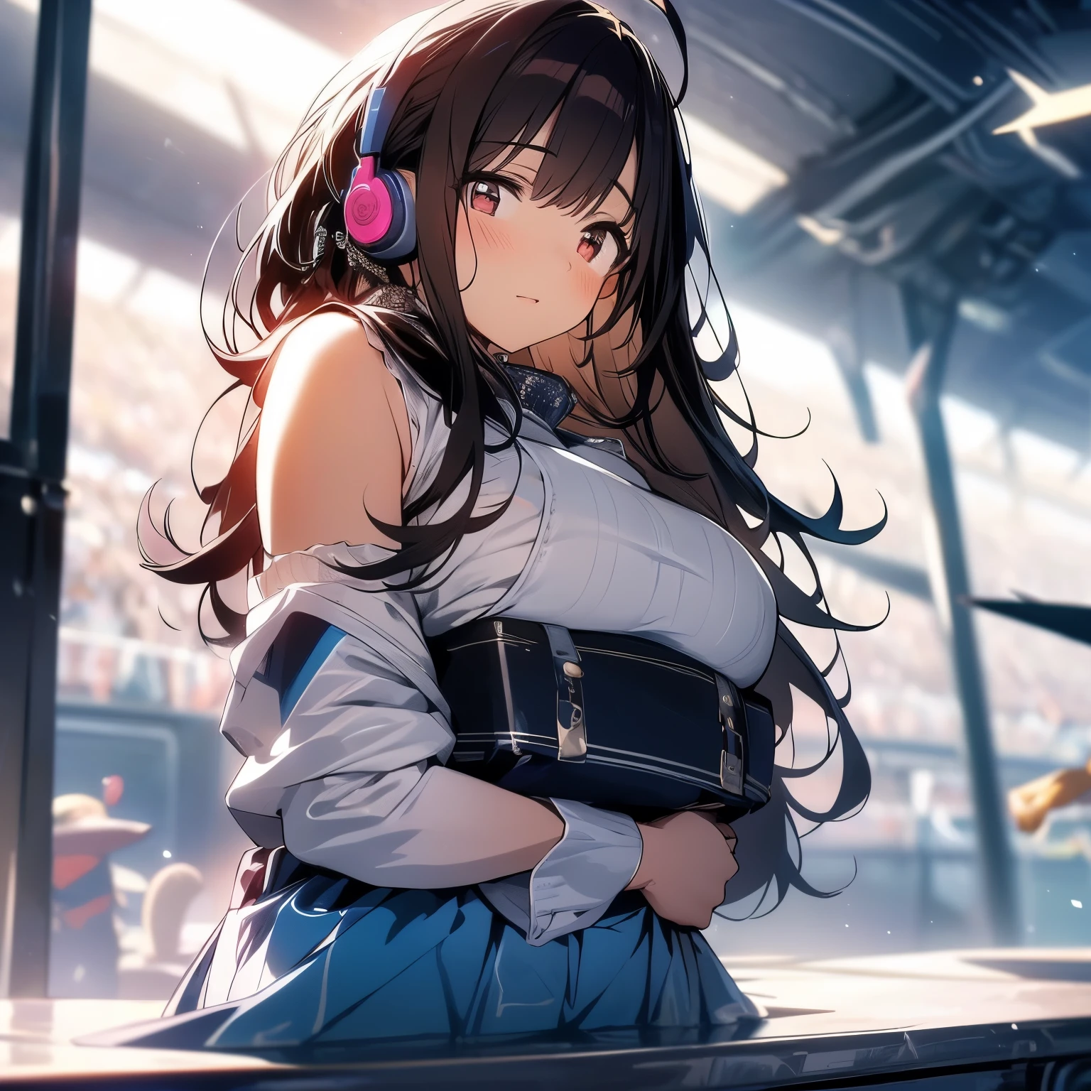 tmasterpiece, Best quality at best, A high resolution, 1个Giant Breast Girl, Super A high resolution, Alone, I&#39;m a pilot, d.big breasts and big breasts, Earphone, a pink eyes, Blue leggings, Brown hair, whitegloves, cat face decoration,