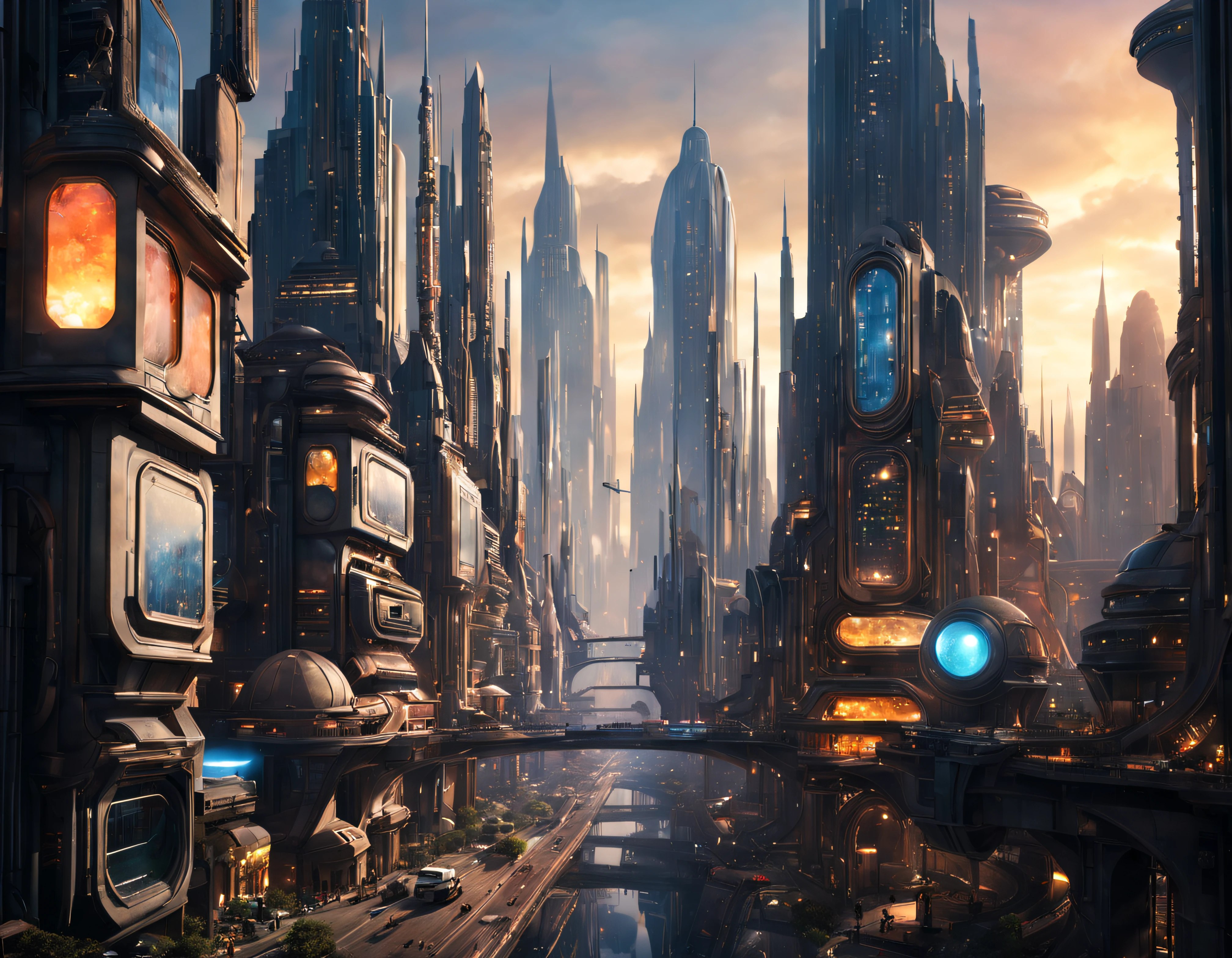 (The city of Coruscant from Star Wars as designed by Doug Chiang), futuristic fantasy city with immense buildings of technological design (que forman una avenida infinita), edificios compactor no difuminados con aspecto metalico, luces en ventanas en edificios, iluminacion diurna con sol, con estructuras acristaladas espectaculares, (con colores vivos). pavimento ensolado (sin brillo). gente paseando. imagen bien definida con muchos edificios juntos. imagen nitida bien definida 8k. los edificios llegan alta el fondo.,8k. imagen cinematografica. ((obra maestra de superior calidad)). (renderizado 3D).