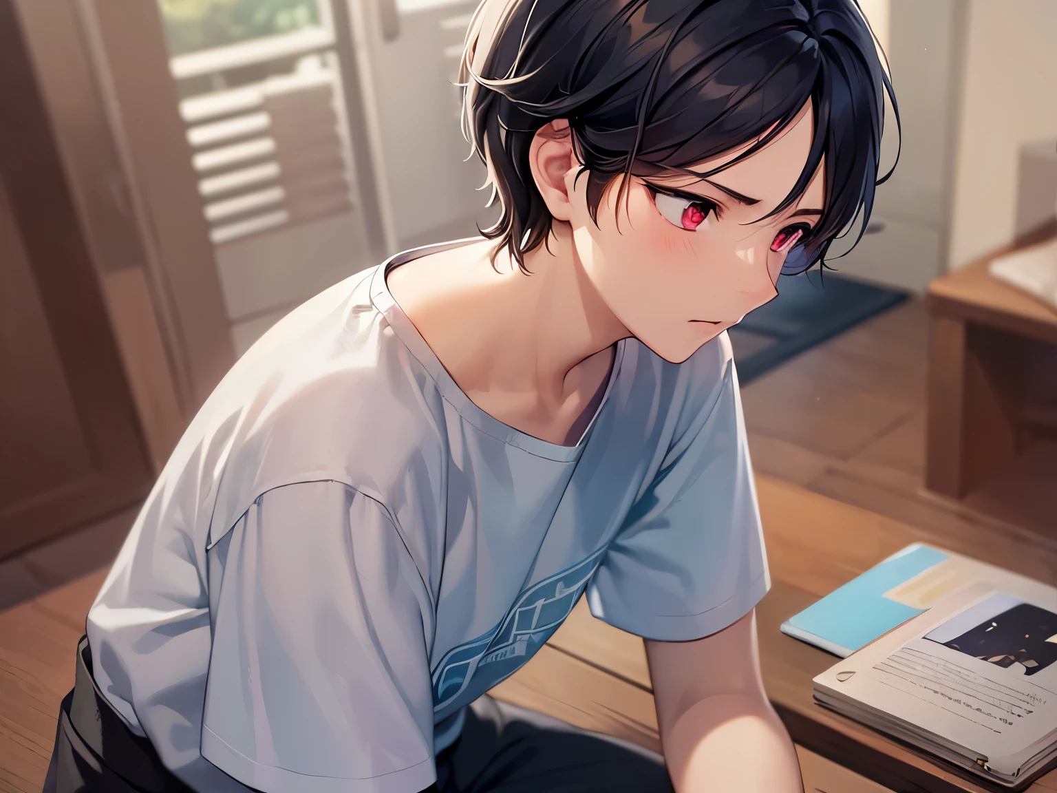 masterpiece、hightquality、Angle from above, High angle, Stroking chin, (looking away:1.5), Like Japan cartoons、(25 year old man with short black hair and red eyes:1.5)、BREAK He is wearing a green T-shirt.、BREAK (Alone:1.5)、confused, (Only the upper body is shown.:1.3)、The background is the living room、