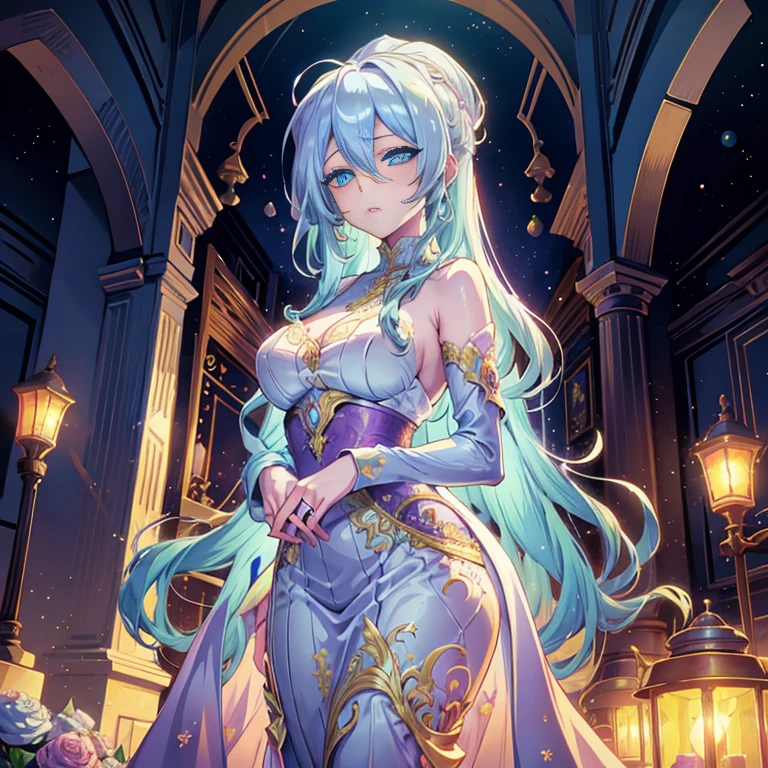 A woman in a wedding dress stands in front of a flower arch, very magical and dreamy, luxurious wedding, ethereal fairy tale, Rich pastel color palette, Ethereal dreamy theme, Long luxurious flowing gown, dreamy and detailed, fantasy long intricate gown, Long luxurious complex gown, The setting of a fairy tale:, soft elegant gown, in a whimsical fairytale forest, dreamy and ethereal、Woman in white dress standing in front of building with lots of flowers, anime fantasy artwork, anime fantasy illustration, a beautiful artwork illustration, beautiful anime artwork, elaborate digital art, intricate ornate anime cgi style, anime art nouveau cosmic display, beautiful anime art, beautiful digital works of art, beautiful fantasy anime, Detailed anime artwork, Detailed Digital Anime Art, dreamy psychedelic anime
