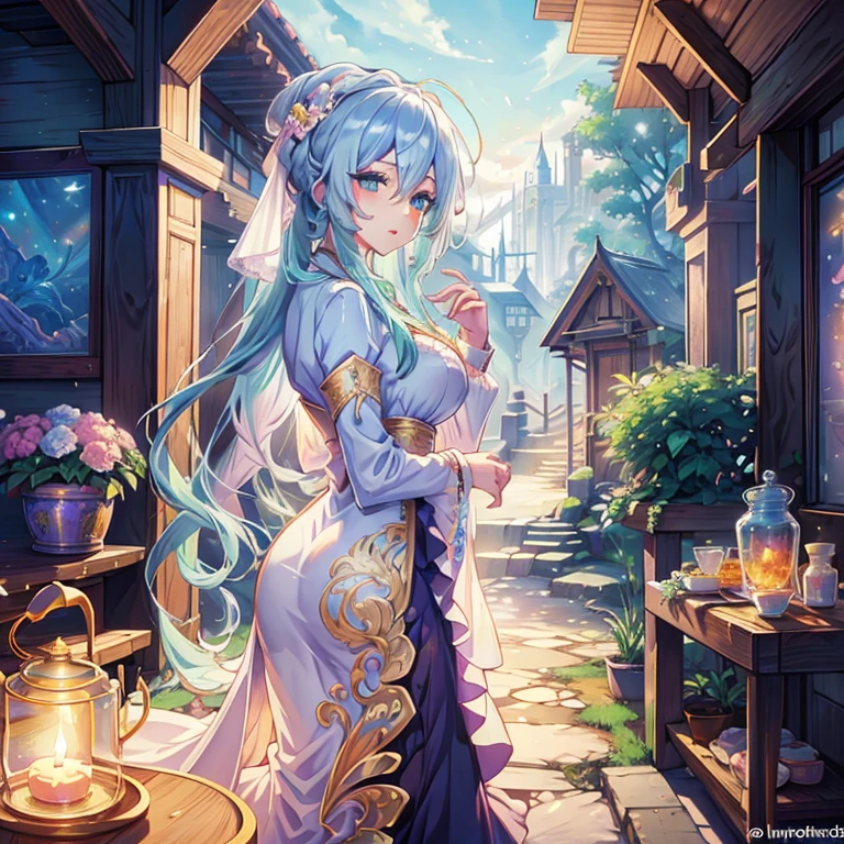 A woman in a wedding dress stands in front of a flower arch, very magical and dreamy, luxurious wedding, ethereal fairy tale, Rich pastel color palette, Ethereal dreamy theme, Long luxurious flowing gown, dreamy and detailed, fantasy long intricate gown, Long luxurious complex gown, The setting of a fairy tale:, soft elegant gown, in a whimsical fairytale forest, dreamy and ethereal、Woman in white dress standing in front of building with lots of flowers, anime fantasy artwork, anime fantasy illustration, a beautiful artwork illustration, beautiful anime artwork, elaborate digital art, intricate ornate anime cgi style, anime art nouveau cosmic display, beautiful anime art, beautiful digital works of art, beautiful fantasy anime, Detailed anime artwork, Detailed Digital Anime Art, dreamy psychedelic anime