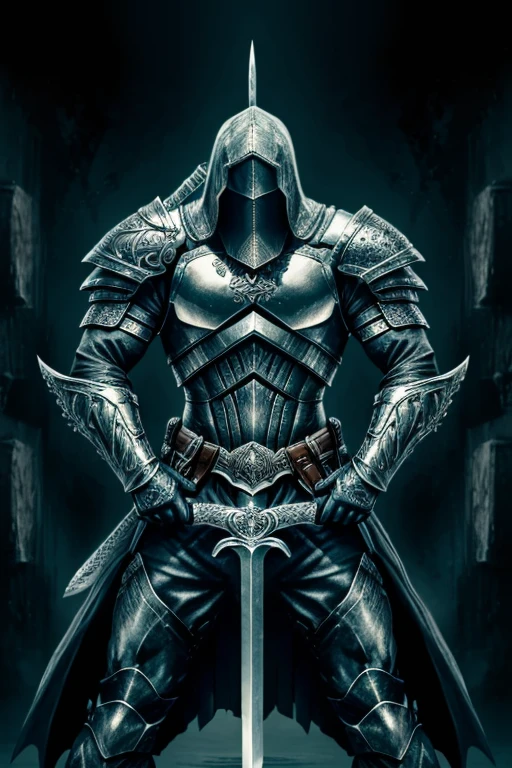 (best quality, highres, masterpiece:1.2), ink art, men in fantasy half armor, big sword in hands, in fight position, no helmet, detailed fantasy half armor